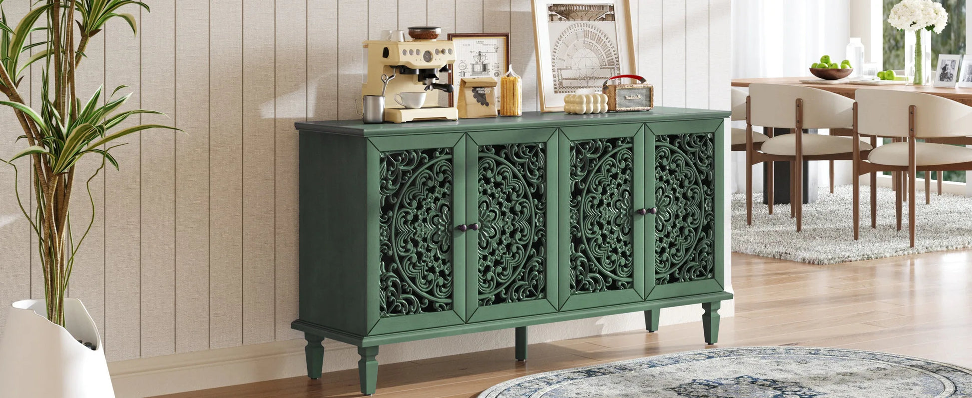 60' Antique Buffet Cabinet with Floral Carvings with Solid Wood Legs&Antique Brass Handles&Adjustable Shelves, TV Stand for 65''+ TV, Sideboard for Living Room, Dining Room (Antique Blue) detail view 48