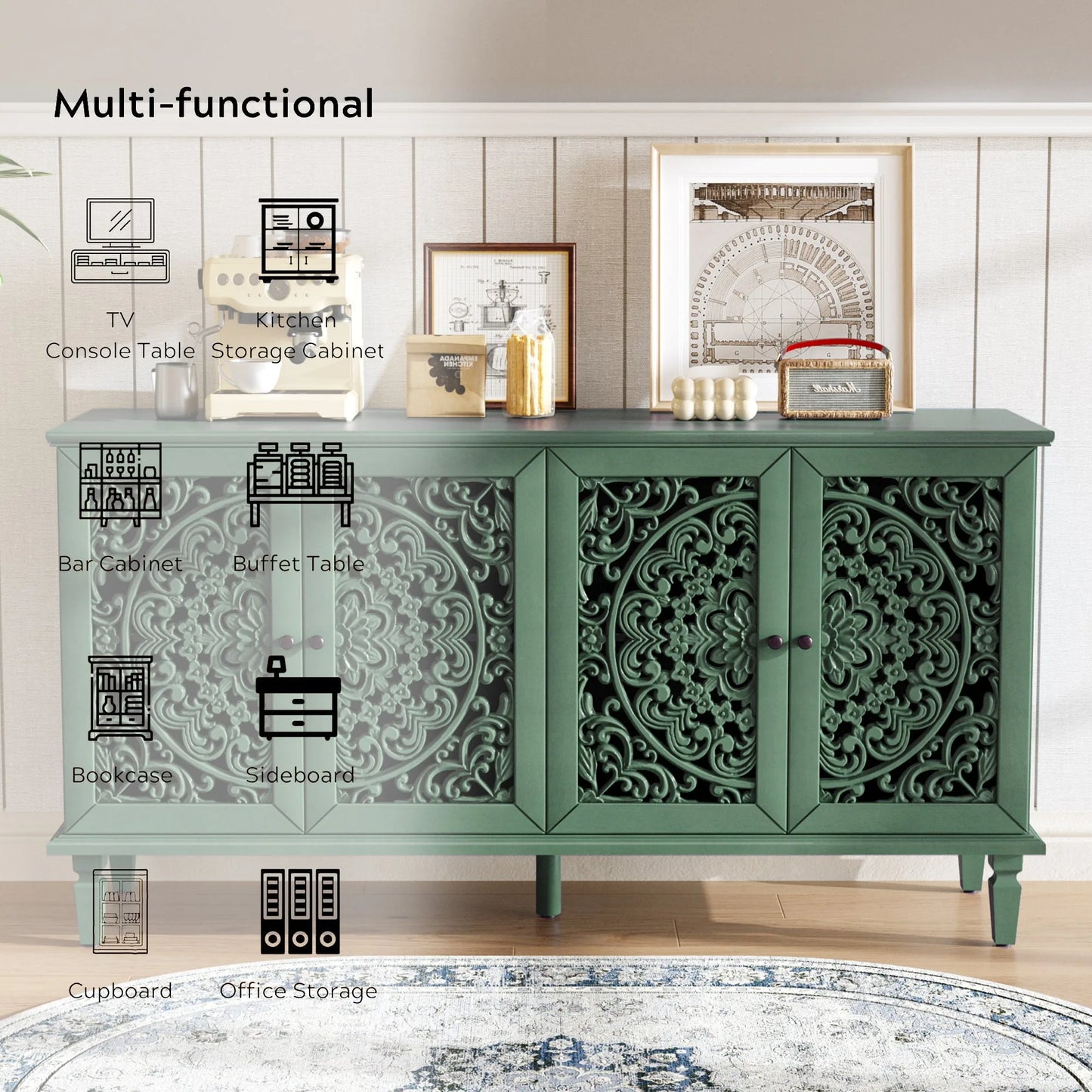 60' Antique Buffet Cabinet with Floral Carvings with Solid Wood Legs&Antique Brass Handles&Adjustable Shelves, TV Stand for 65''+ TV, Sideboard for Living Room, Dining Room (Antique Blue) detail view 50