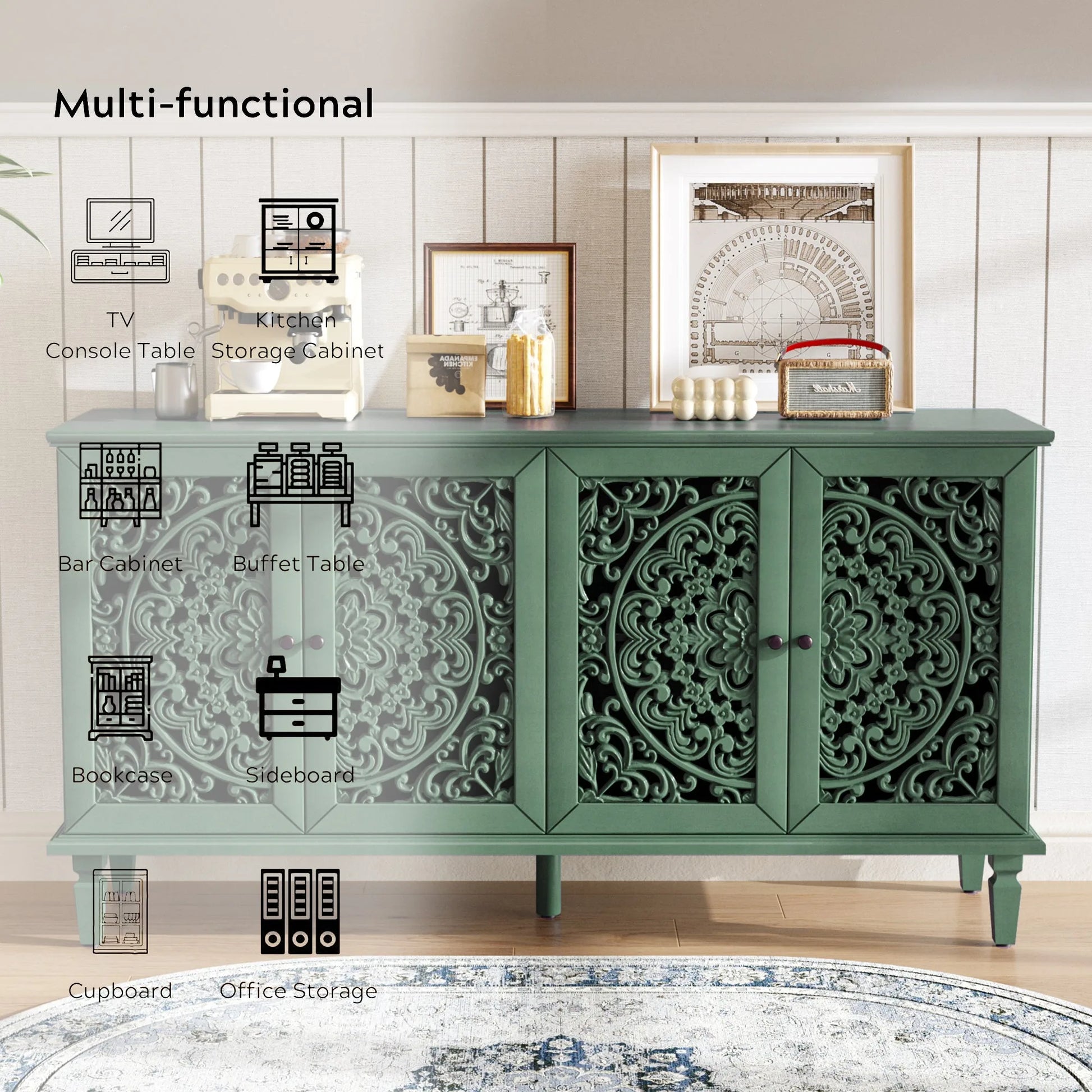60' Antique Buffet Cabinet with Floral Carvings with Solid Wood Legs&Antique Brass Handles&Adjustable Shelves, TV Stand for 65''+ TV, Sideboard for Living Room, Dining Room (Antique Blue) detail view 50