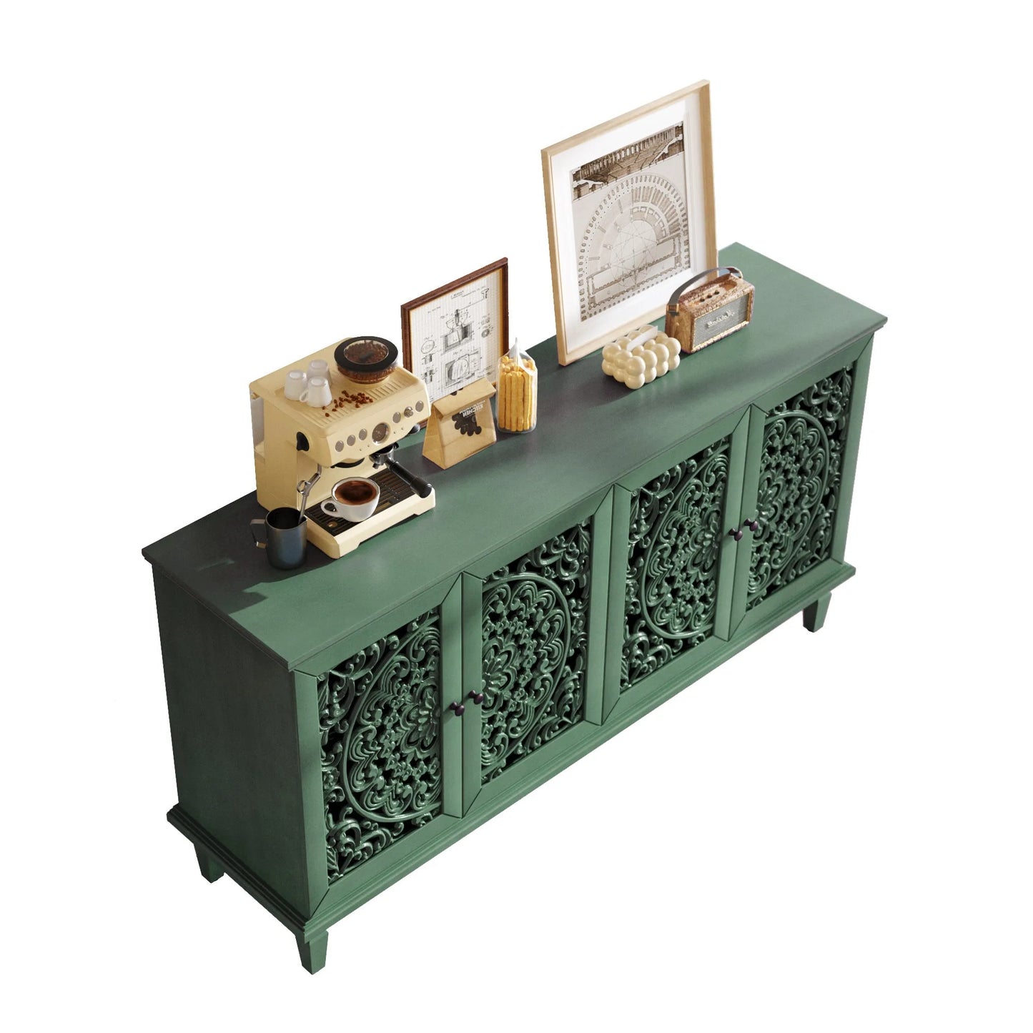 60' Antique Buffet Cabinet with Floral Carvings with Solid Wood Legs&Antique Brass Handles&Adjustable Shelves, TV Stand for 65''+ TV, Sideboard for Living Room, Dining Room (Antique Blue) detail view 53