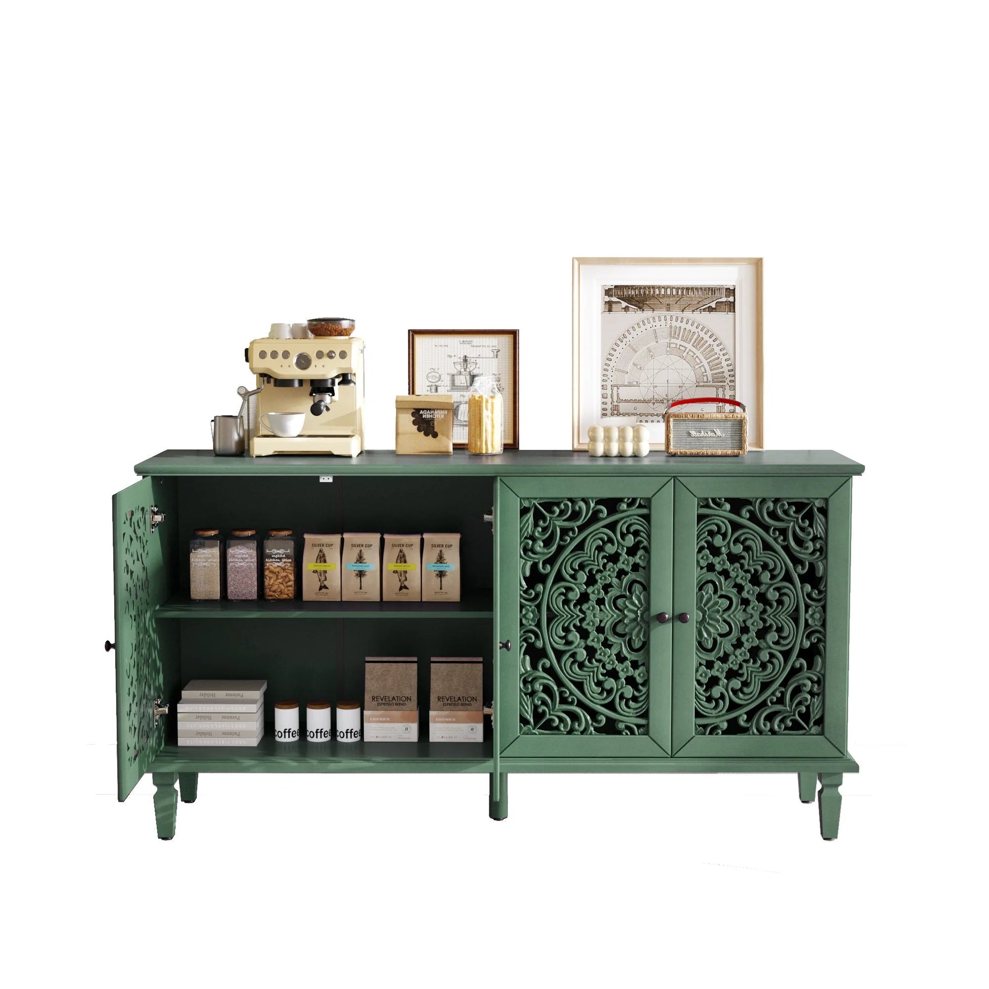 60' Antique Buffet Cabinet with Floral Carvings with Solid Wood Legs&Antique Brass Handles&Adjustable Shelves, TV Stand for 65''+ TV, Sideboard for Living Room, Dining Room (Antique Blue) detail view 54
