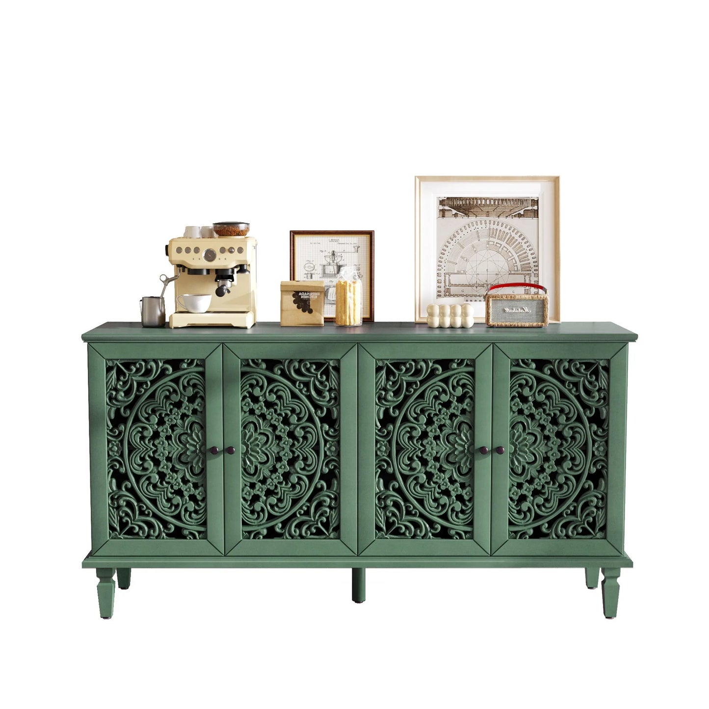 60' Antique Buffet Cabinet with Floral Carvings with Solid Wood Legs&Antique Brass Handles&Adjustable Shelves, TV Stand for 65''+ TV, Sideboard for Living Room, Dining Room (Antique Blue) detail view 55