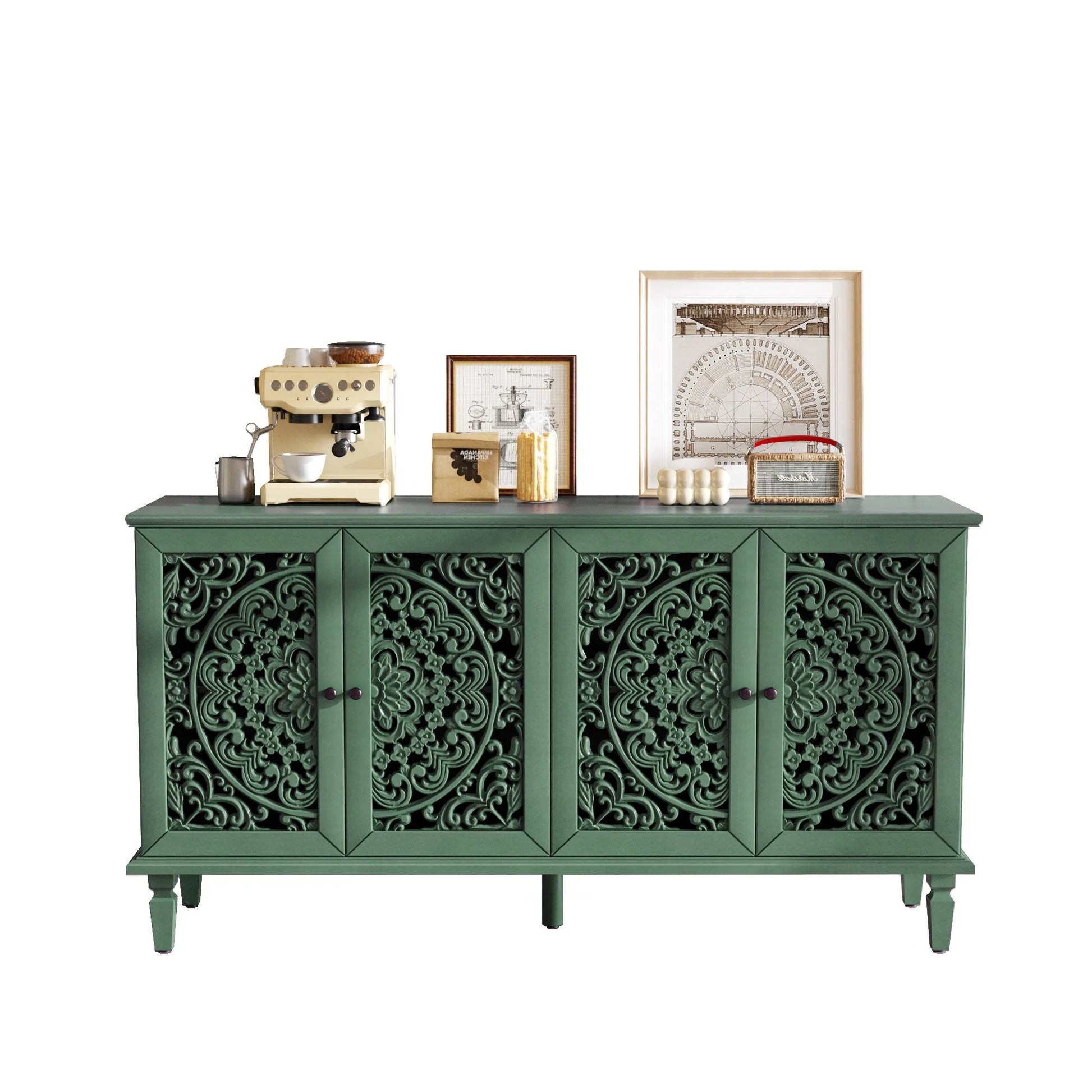 60' Antique Buffet Cabinet with Floral Carvings with Solid Wood Legs&Antique Brass Handles&Adjustable Shelves, TV Stand for 65''+ TV, Sideboard for Living Room, Dining Room (Antique Blue) detail view 55