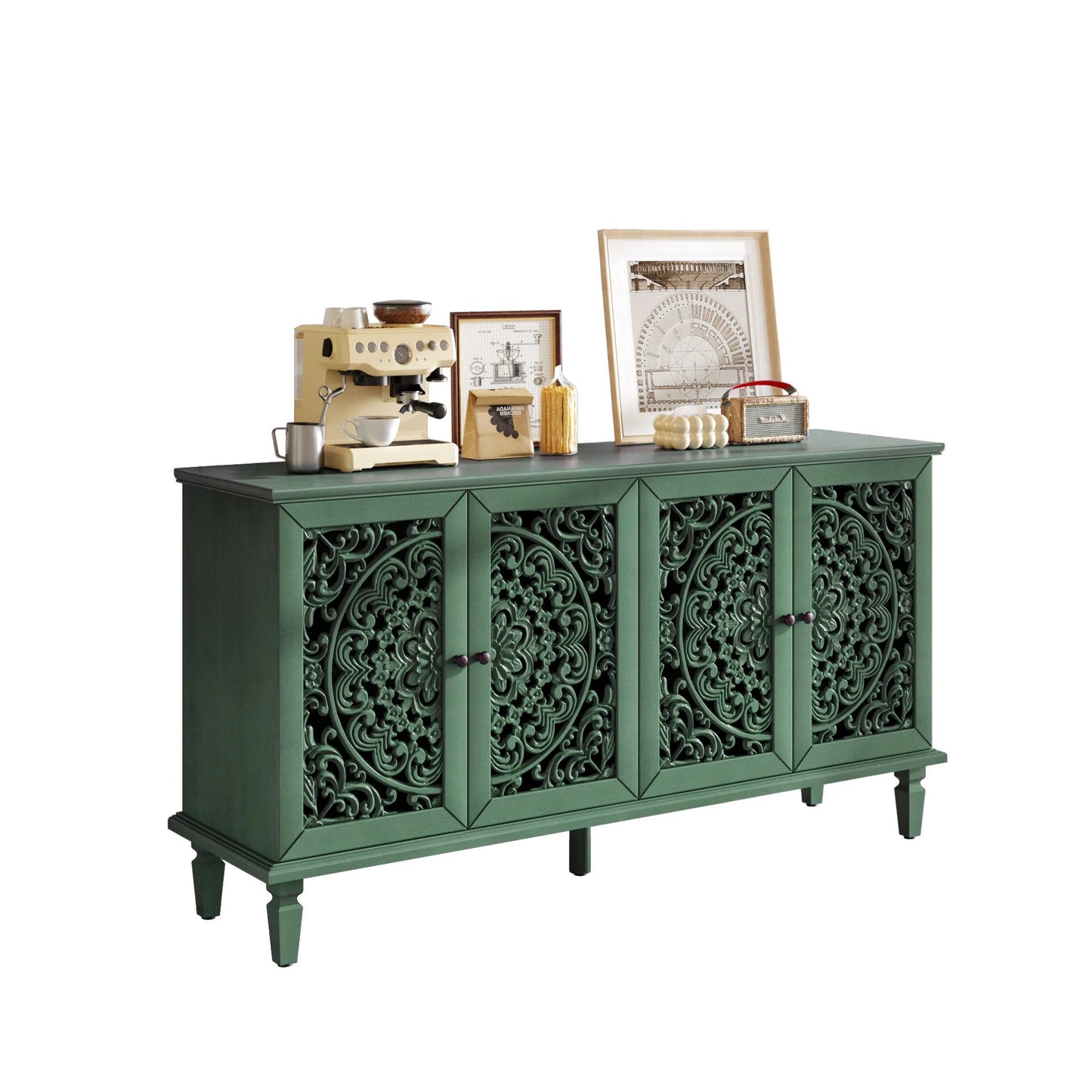 60' Antique Buffet Cabinet with Floral Carvings with Solid Wood Legs&Antique Brass Handles&Adjustable Shelves, TV Stand for 65''+ TV, Sideboard for Living Room, Dining Room (Antique Blue) detail view 56