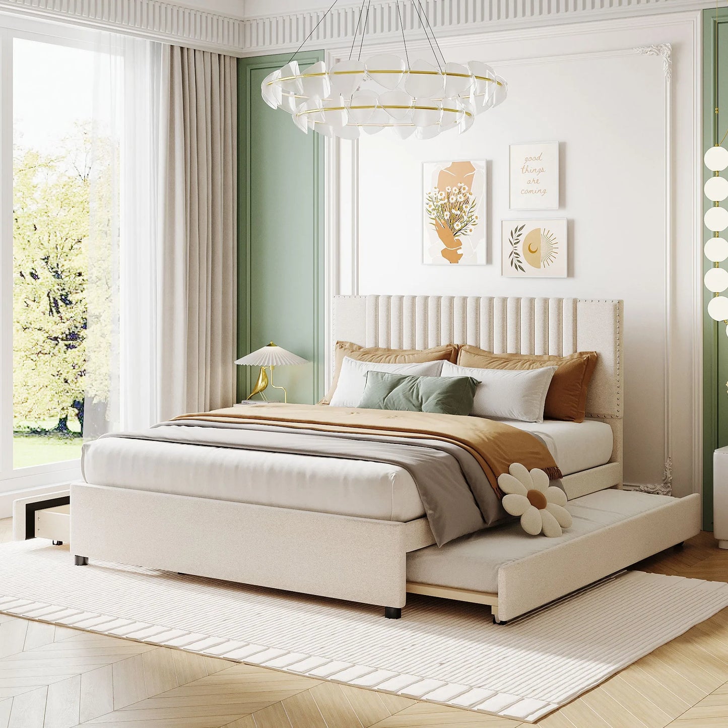 Queen Size Upholstered Platform Bed with 2 Drawers and 1 Twin XL Trundle, Classic Headboard Design, Beige lifestyle view