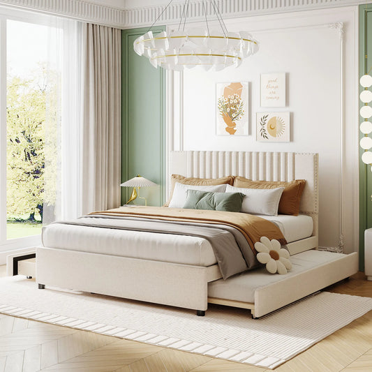 Queen Size Upholstered Platform Bed with 2 Drawers and 1 Twin XL Trundle, Classic Headboard Design, Beige lifestyle view