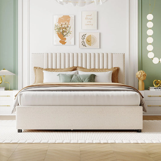Queen Size Upholstered Platform Bed with 2 Drawers and 1 Twin XL Trundle, Classic Headboard Design, Beige detail view 2
