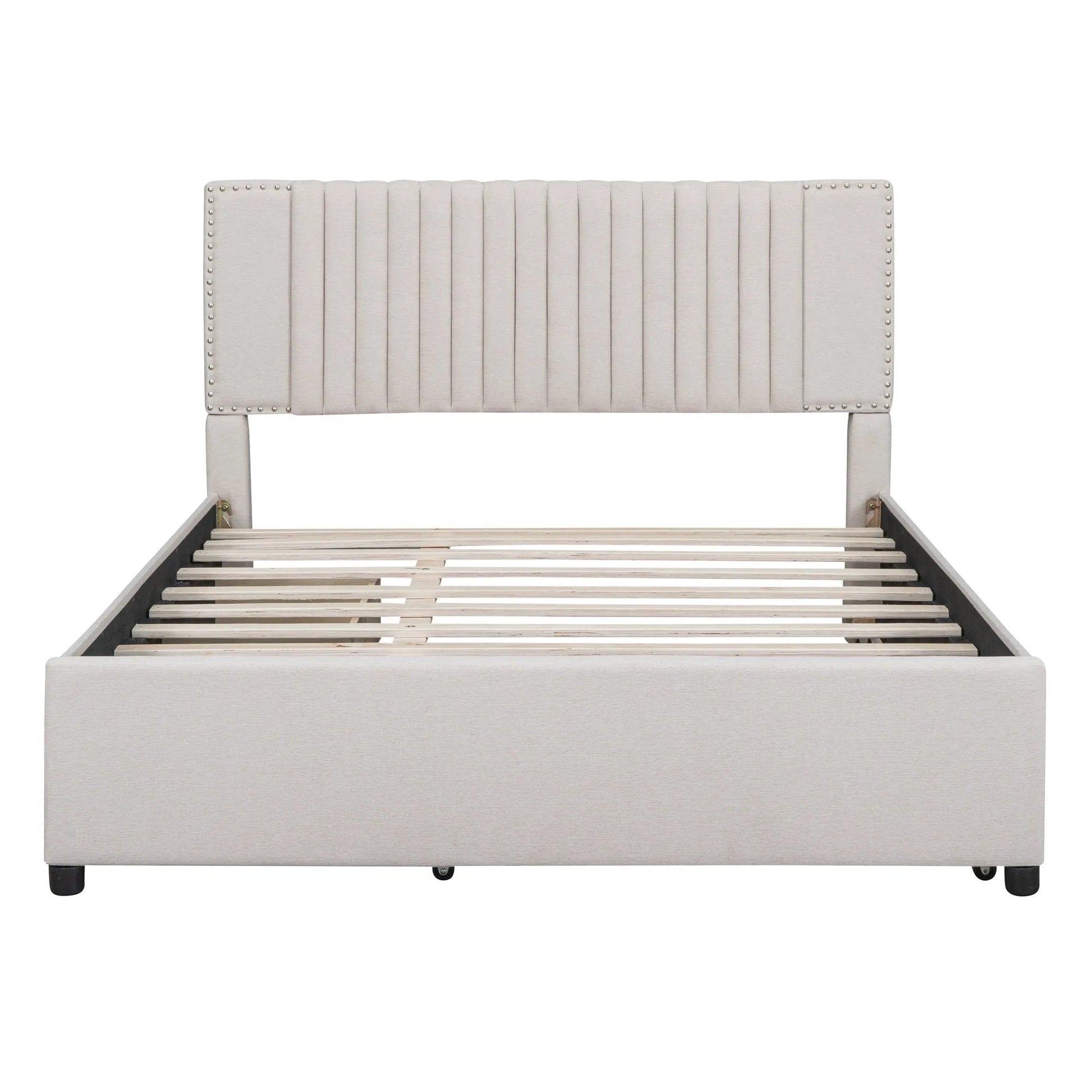 Queen Size Upholstered Platform Bed with 2 Drawers and 1 Twin XL Trundle, Classic Headboard Design, Beige detail view 3