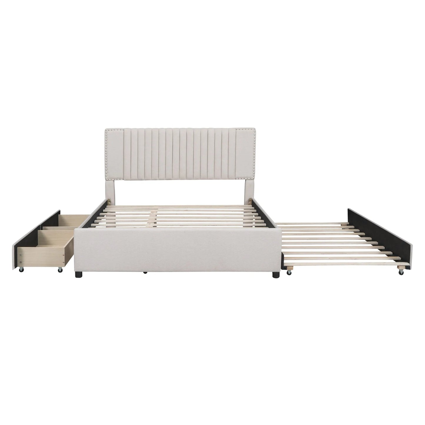 Queen Size Upholstered Platform Bed with 2 Drawers and 1 Twin XL Trundle, Classic Headboard Design, Beige detail view 4