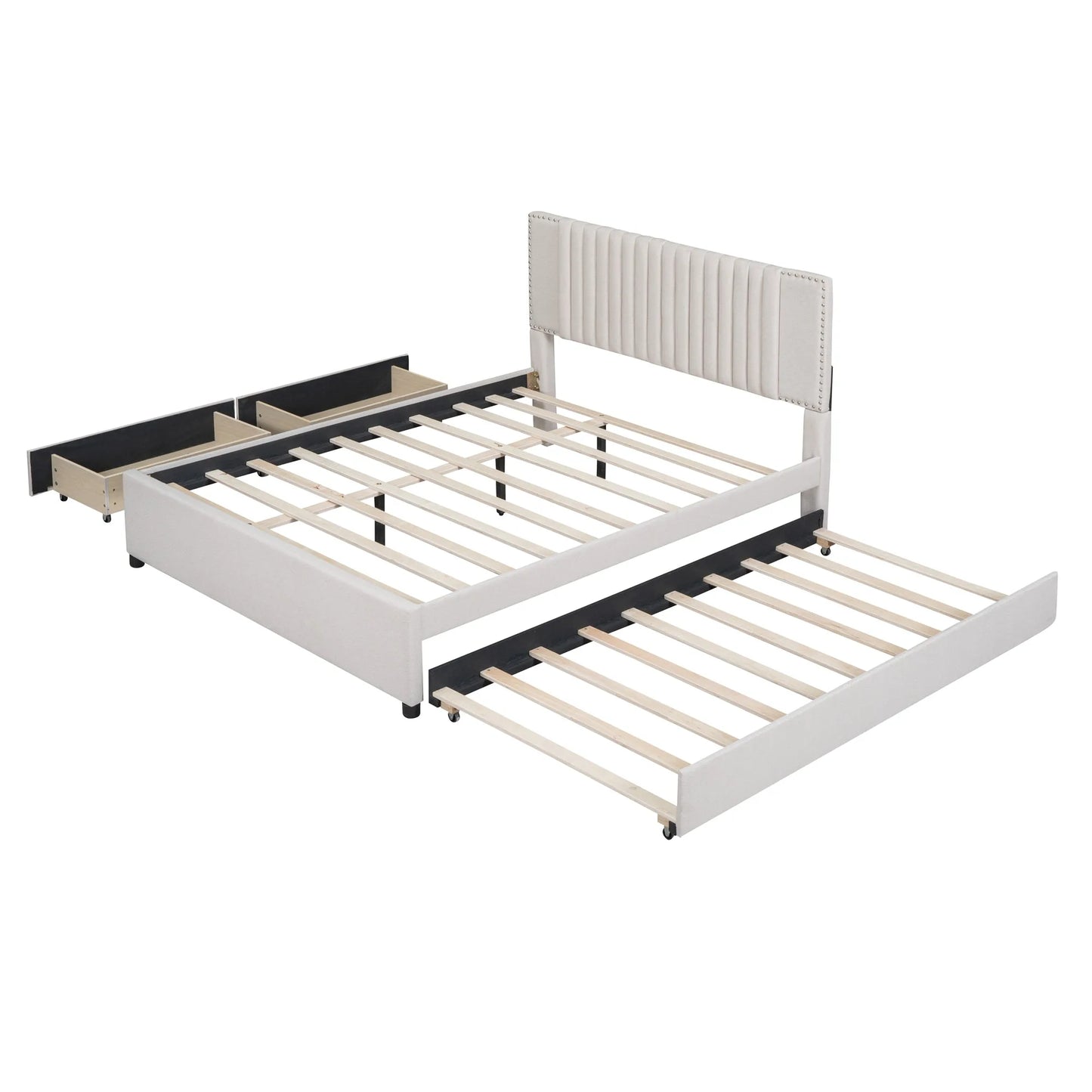 Queen Size Upholstered Platform Bed with 2 Drawers and 1 Twin XL Trundle, Classic Headboard Design, Beige detail view 5