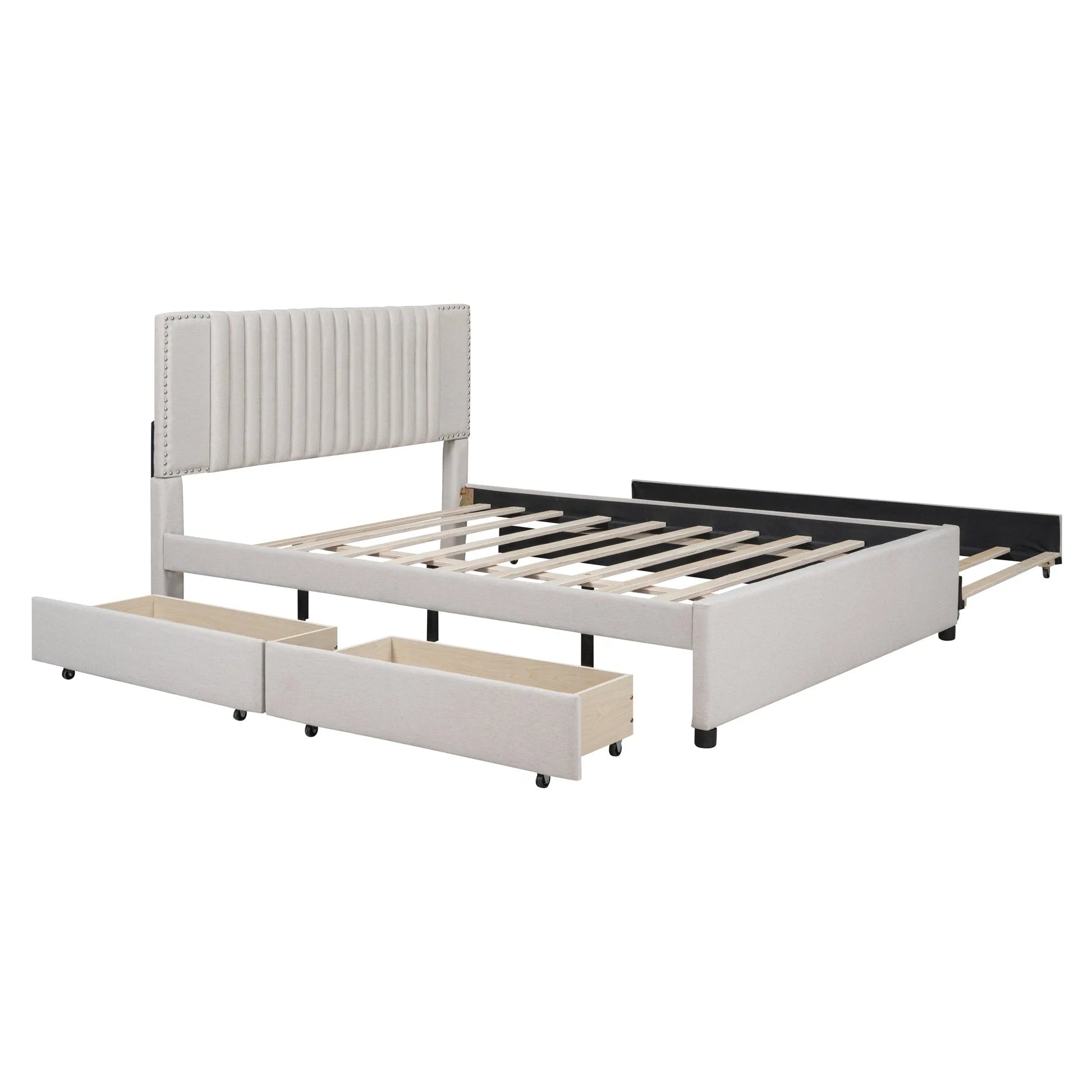 Queen Size Upholstered Platform Bed with 2 Drawers and 1 Twin XL Trundle, Classic Headboard Design, Beige detail view 6