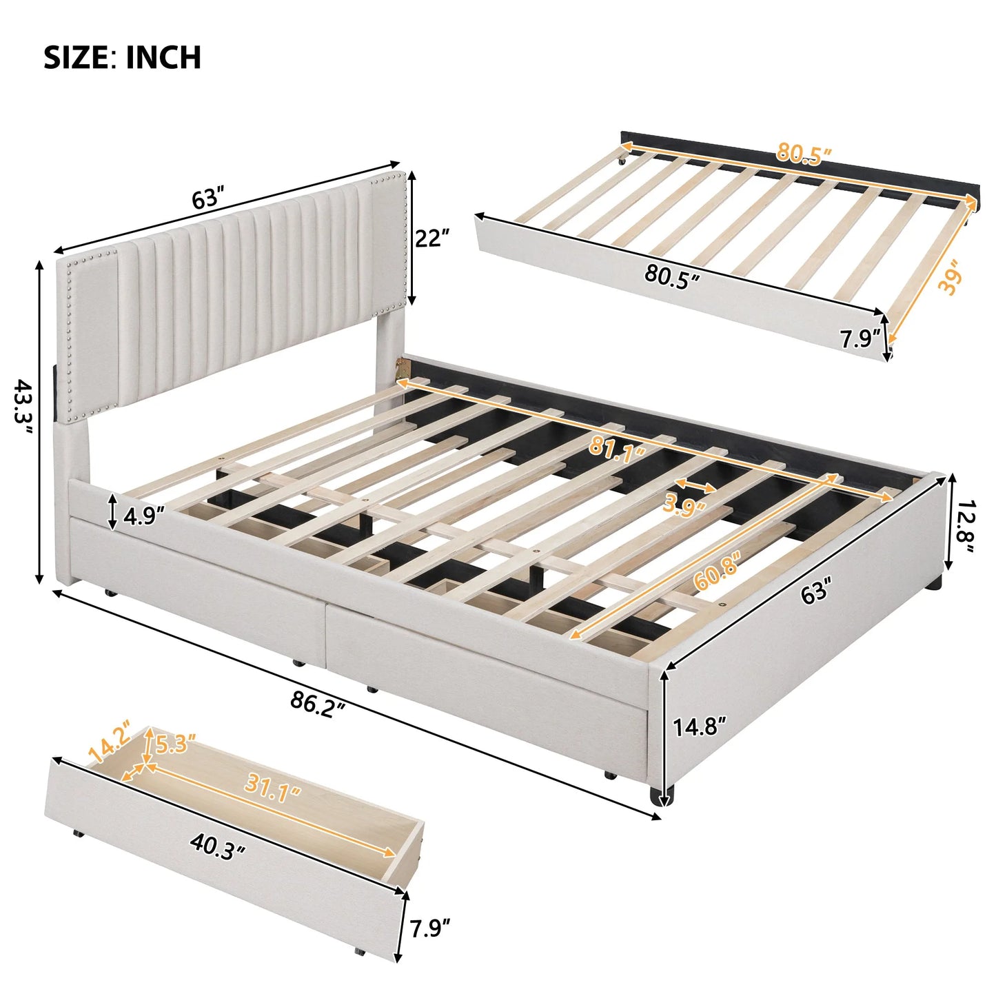 Queen Size Upholstered Platform Bed with 2 Drawers and 1 Twin XL Trundle, Classic Headboard Design, Beige detail view 7