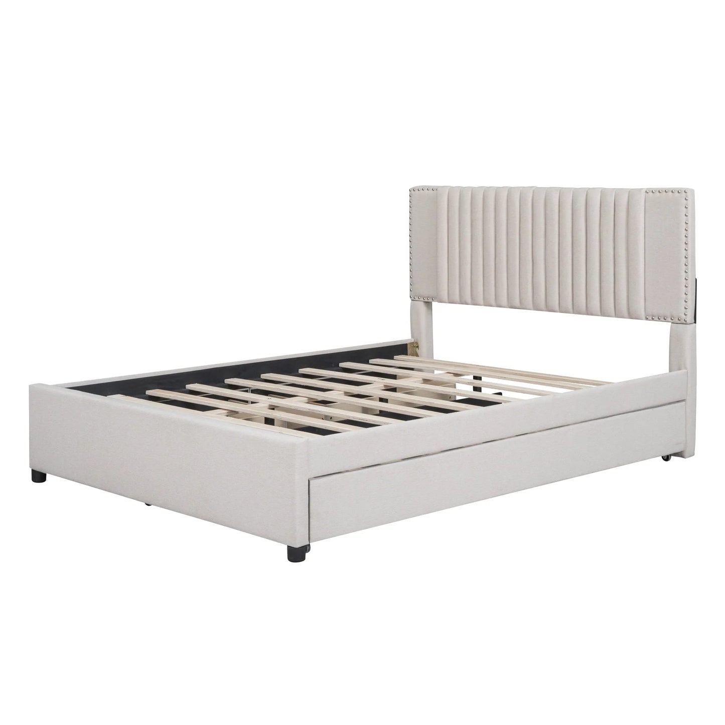 Queen Size Upholstered Platform Bed with 2 Drawers and 1 Twin XL Trundle, Classic Headboard Design, Beige detail view 8