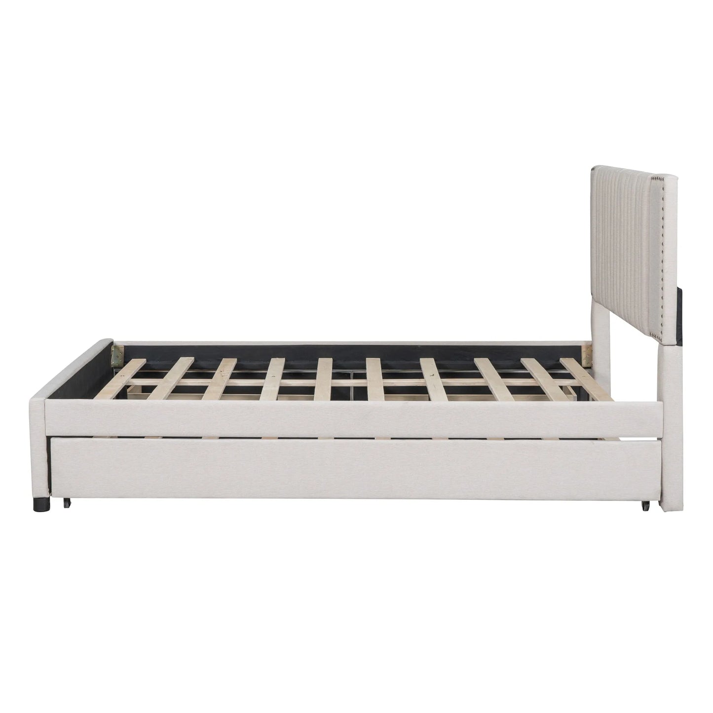 Queen Size Upholstered Platform Bed with 2 Drawers and 1 Twin XL Trundle, Classic Headboard Design, Beige detail view 9