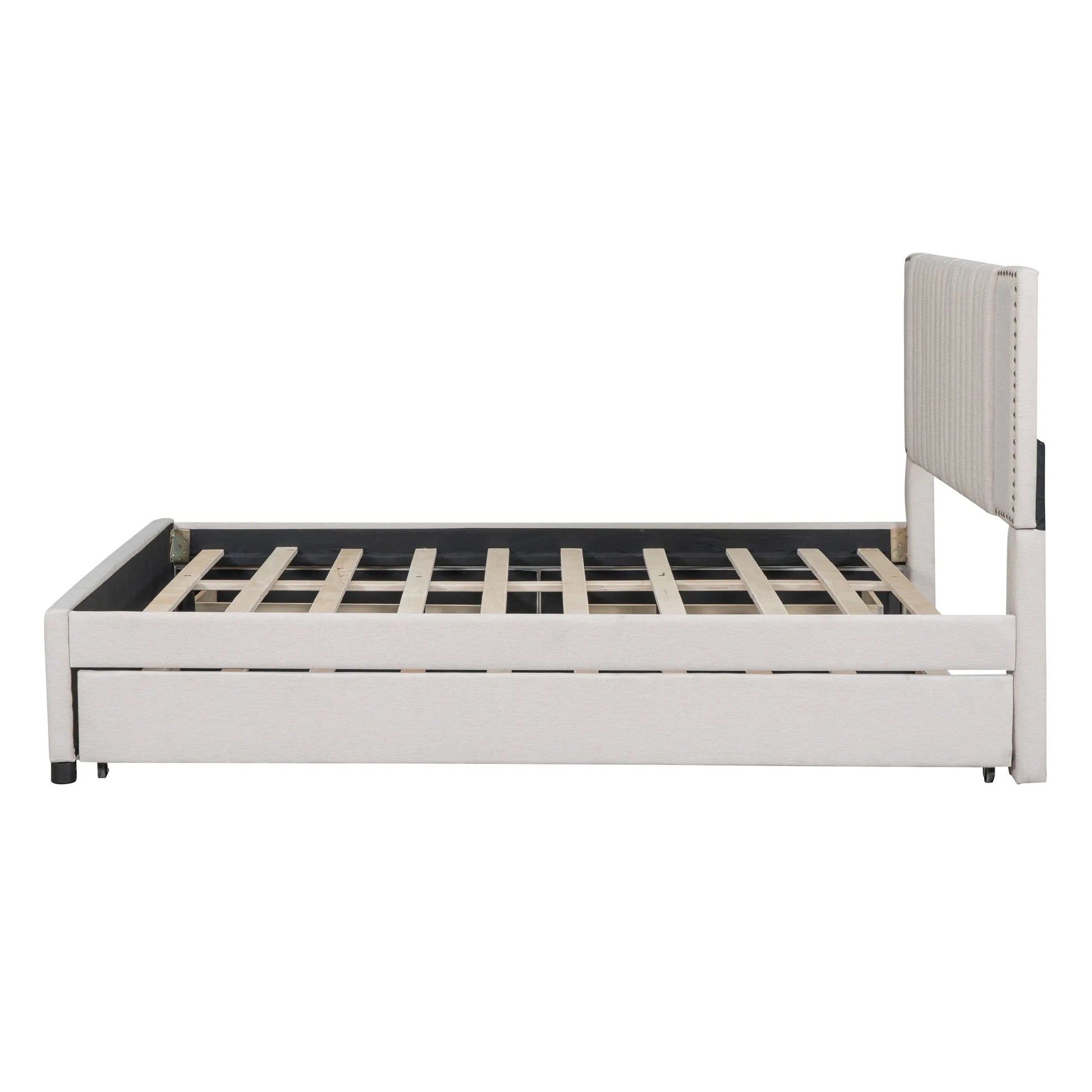 Queen Size Upholstered Platform Bed with 2 Drawers and 1 Twin XL Trundle, Classic Headboard Design, Beige detail view 9