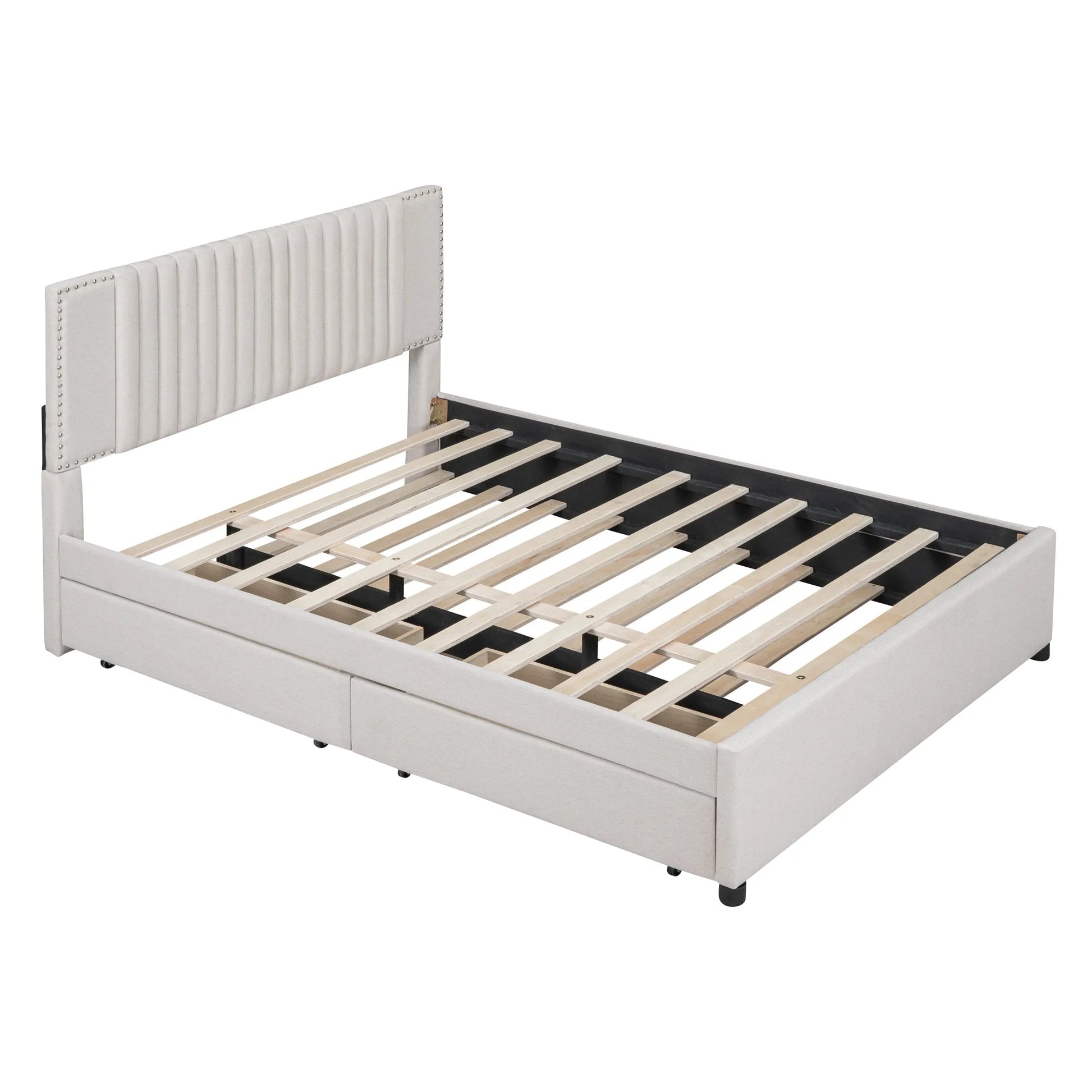 Queen Size Upholstered Platform Bed with 2 Drawers and 1 Twin XL Trundle, Classic Headboard Design, Beige detail view 10