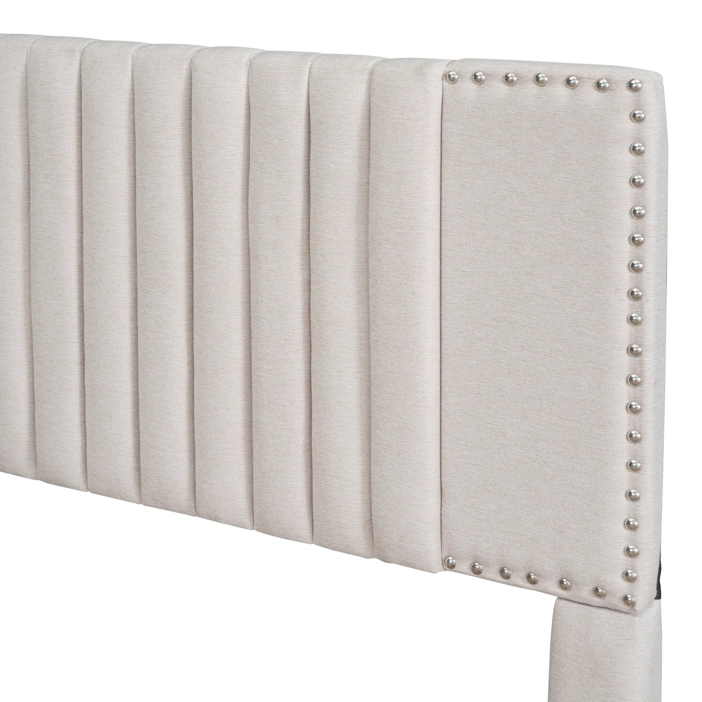 Queen Size Upholstered Platform Bed with 2 Drawers and 1 Twin XL Trundle, Classic Headboard Design, Beige detail view 11