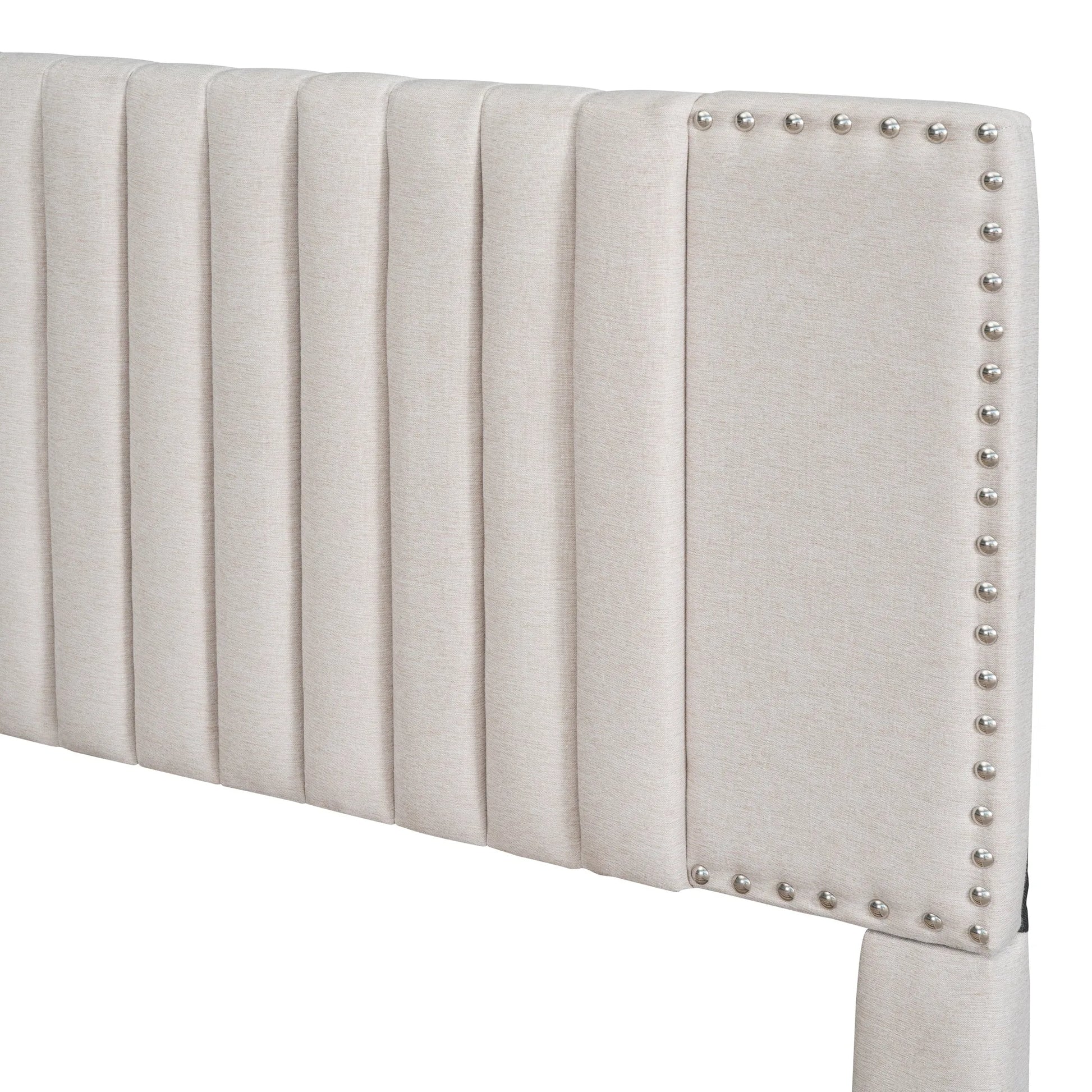 Queen Size Upholstered Platform Bed with 2 Drawers and 1 Twin XL Trundle, Classic Headboard Design, Beige detail view 11