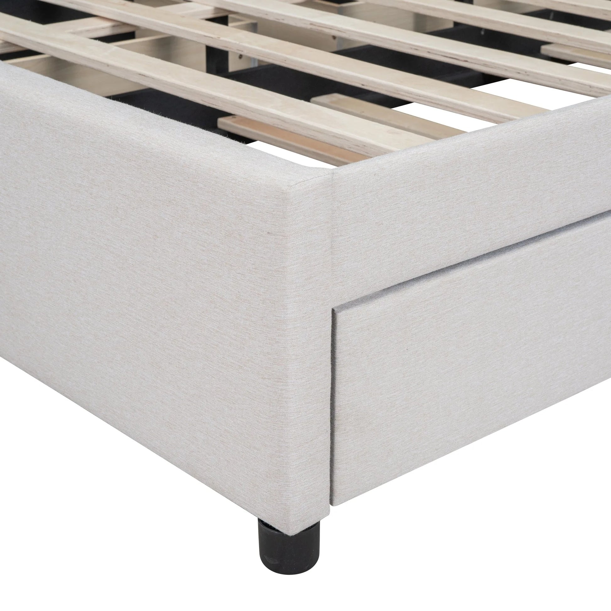 Queen Size Upholstered Platform Bed with 2 Drawers and 1 Twin XL Trundle, Classic Headboard Design, Beige detail view 12