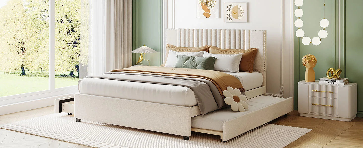 Queen Size Upholstered Platform Bed with 2 Drawers and 1 Twin XL Trundle, Classic Headboard Design, Beige detail view 16