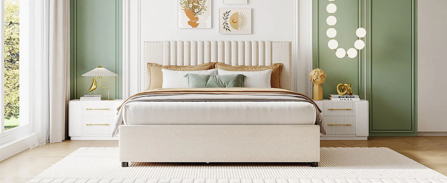Queen Size Upholstered Platform Bed with 2 Drawers and 1 Twin XL Trundle, Classic Headboard Design, Beige detail view 17
