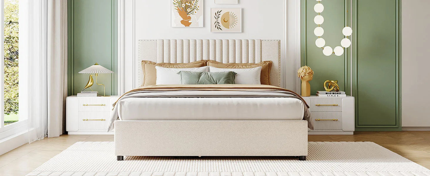 Queen Size Upholstered Platform Bed with 2 Drawers and 1 Twin XL Trundle, Classic Headboard Design, Beige detail view 17
