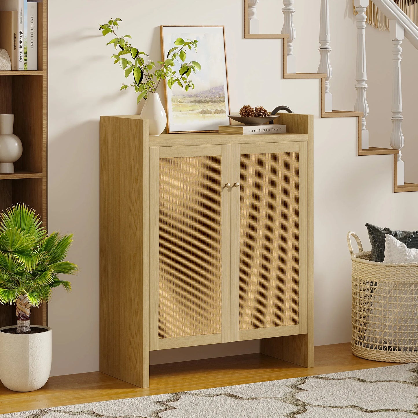 42.5' Tall Rattan Shoe Cabinet with Doors, 6-Tier Shoe Storage Cabinet with Adjustable Shelves, Wooden Freestanding Shoe Organizer Shoe Cabinet for Entryway, Hallway, Living Room (Natural) lifestyle view