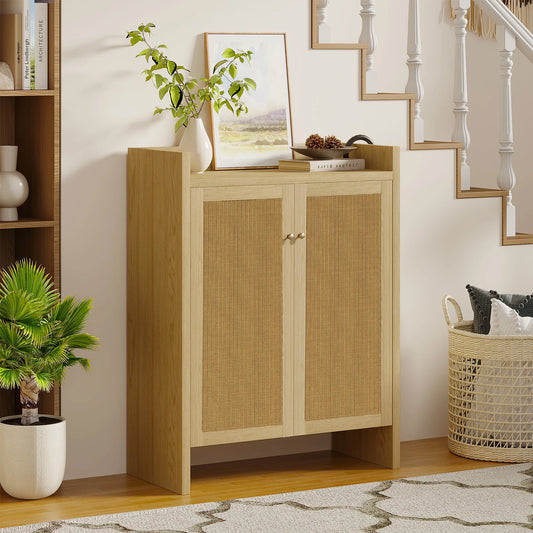 42.5' Tall Rattan Shoe Cabinet with Doors, 6-Tier Shoe Storage Cabinet with Adjustable Shelves, Wooden Freestanding Shoe Organizer Shoe Cabinet for Entryway, Hallway, Living Room (Natural) lifestyle view