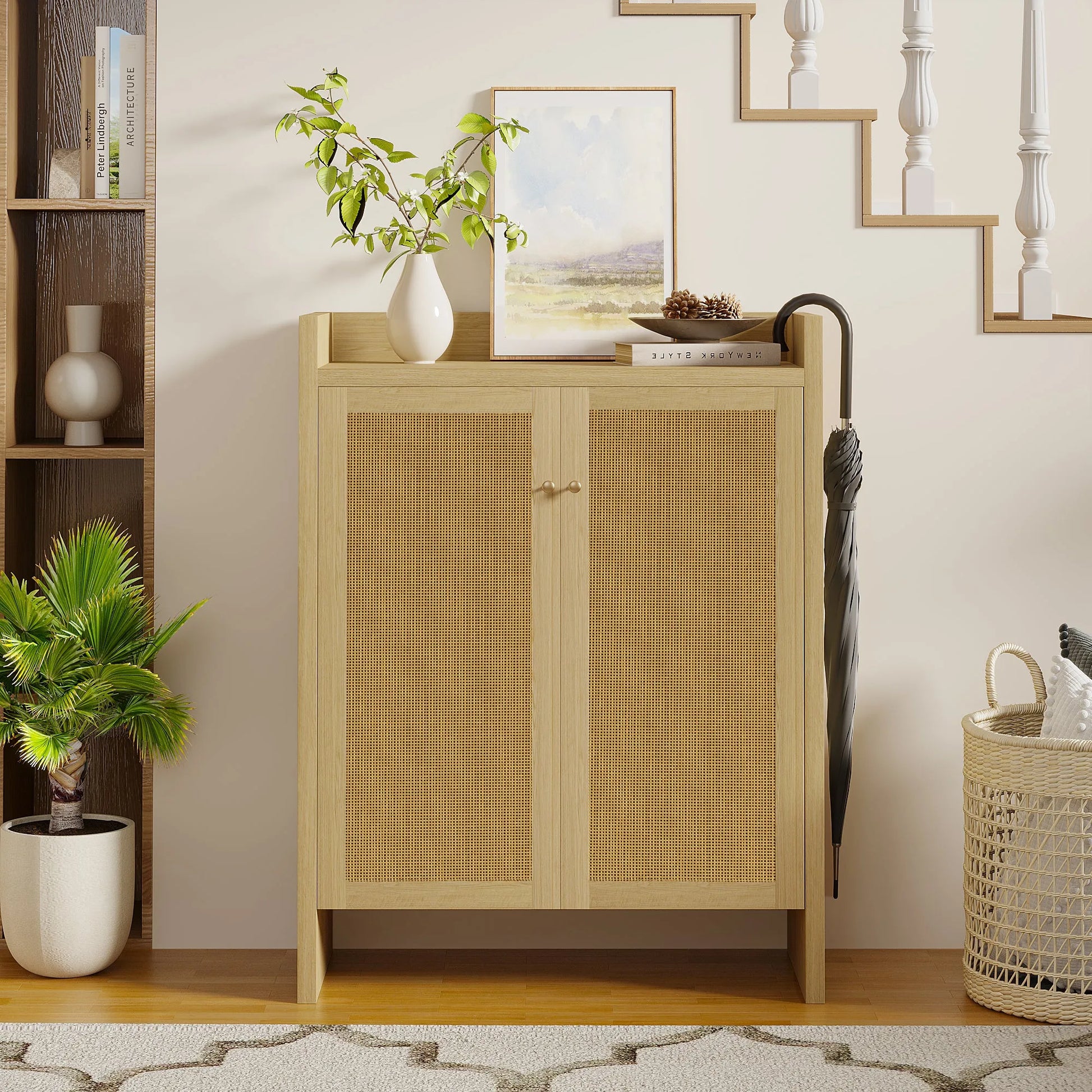 42.5' Tall Rattan Shoe Cabinet with Doors, 6-Tier Shoe Storage Cabinet with Adjustable Shelves, Wooden Freestanding Shoe Organizer Shoe Cabinet for Entryway, Hallway, Living Room (Natural) detail view 2
