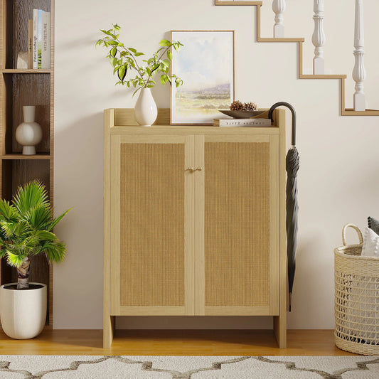 42.5' Tall Rattan Shoe Cabinet with Doors, 6-Tier Shoe Storage Cabinet with Adjustable Shelves, Wooden Freestanding Shoe Organizer Shoe Cabinet for Entryway, Hallway, Living Room (Natural) detail view 2