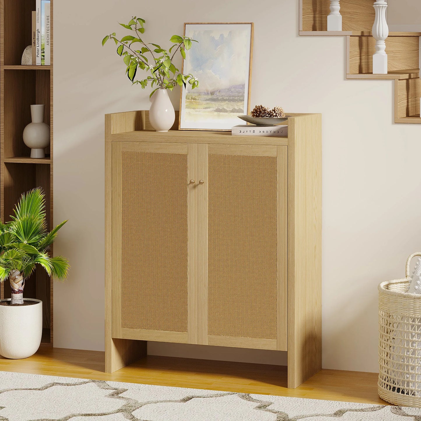 42.5' Tall Rattan Shoe Cabinet with Doors, 6-Tier Shoe Storage Cabinet with Adjustable Shelves, Wooden Freestanding Shoe Organizer Shoe Cabinet for Entryway, Hallway, Living Room (Natural) detail view 3