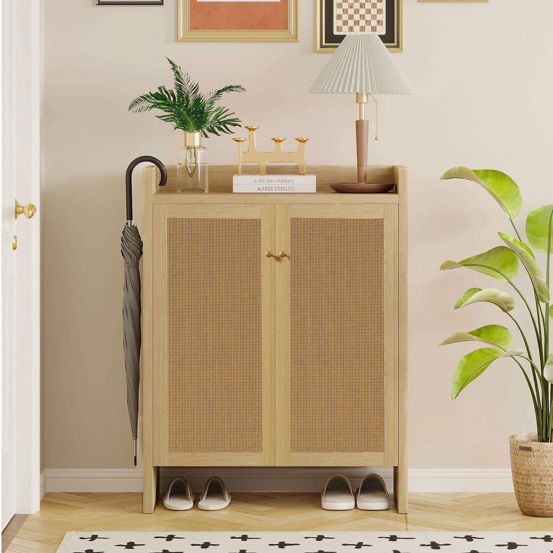 42.5' Tall Rattan Shoe Cabinet with Doors, 6-Tier Shoe Storage Cabinet with Adjustable Shelves, Wooden Freestanding Shoe Organizer Shoe Cabinet for Entryway, Hallway, Living Room (Natural) detail view 4