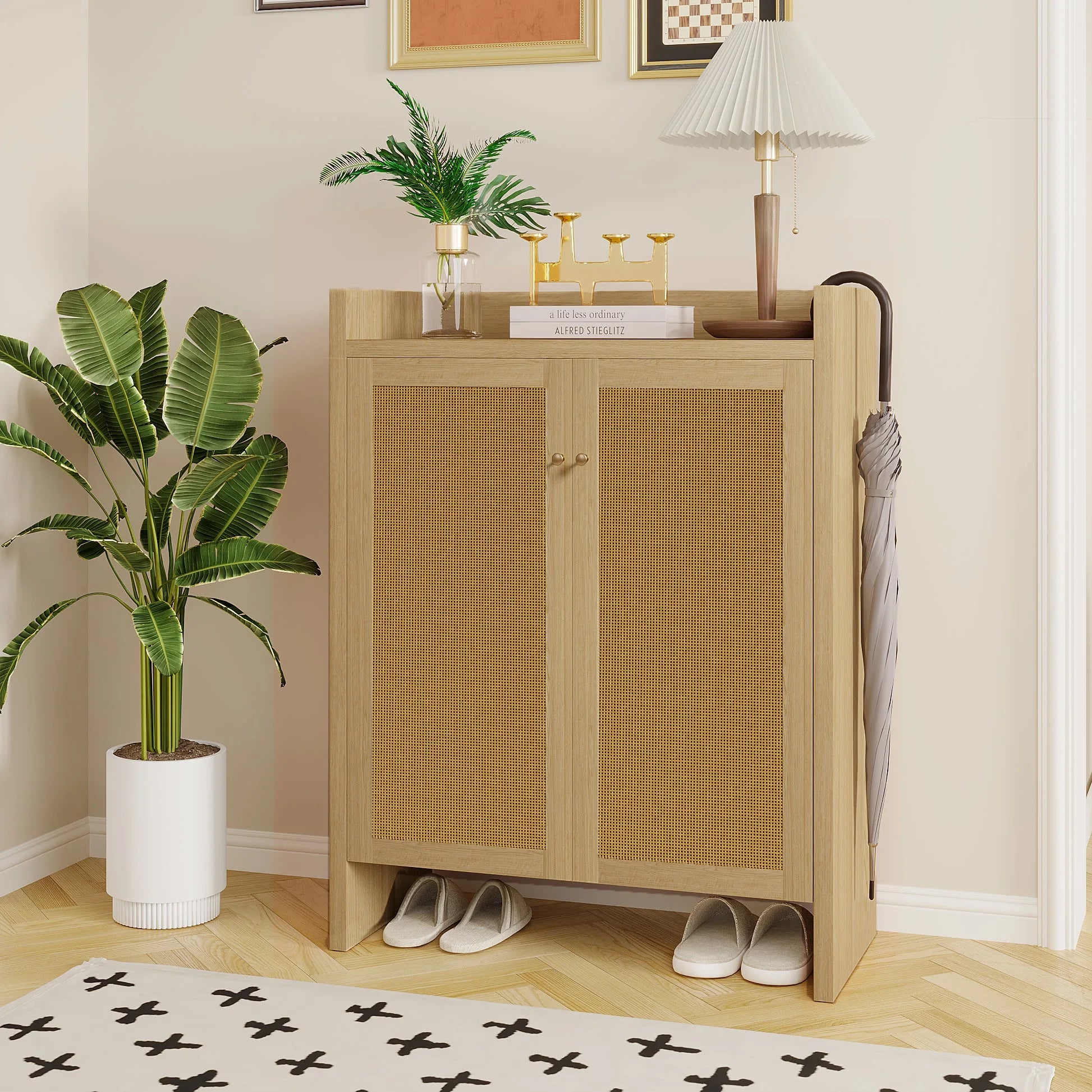 42.5' Tall Rattan Shoe Cabinet with Doors, 6-Tier Shoe Storage Cabinet with Adjustable Shelves, Wooden Freestanding Shoe Organizer Shoe Cabinet for Entryway, Hallway, Living Room (Natural) detail view 5