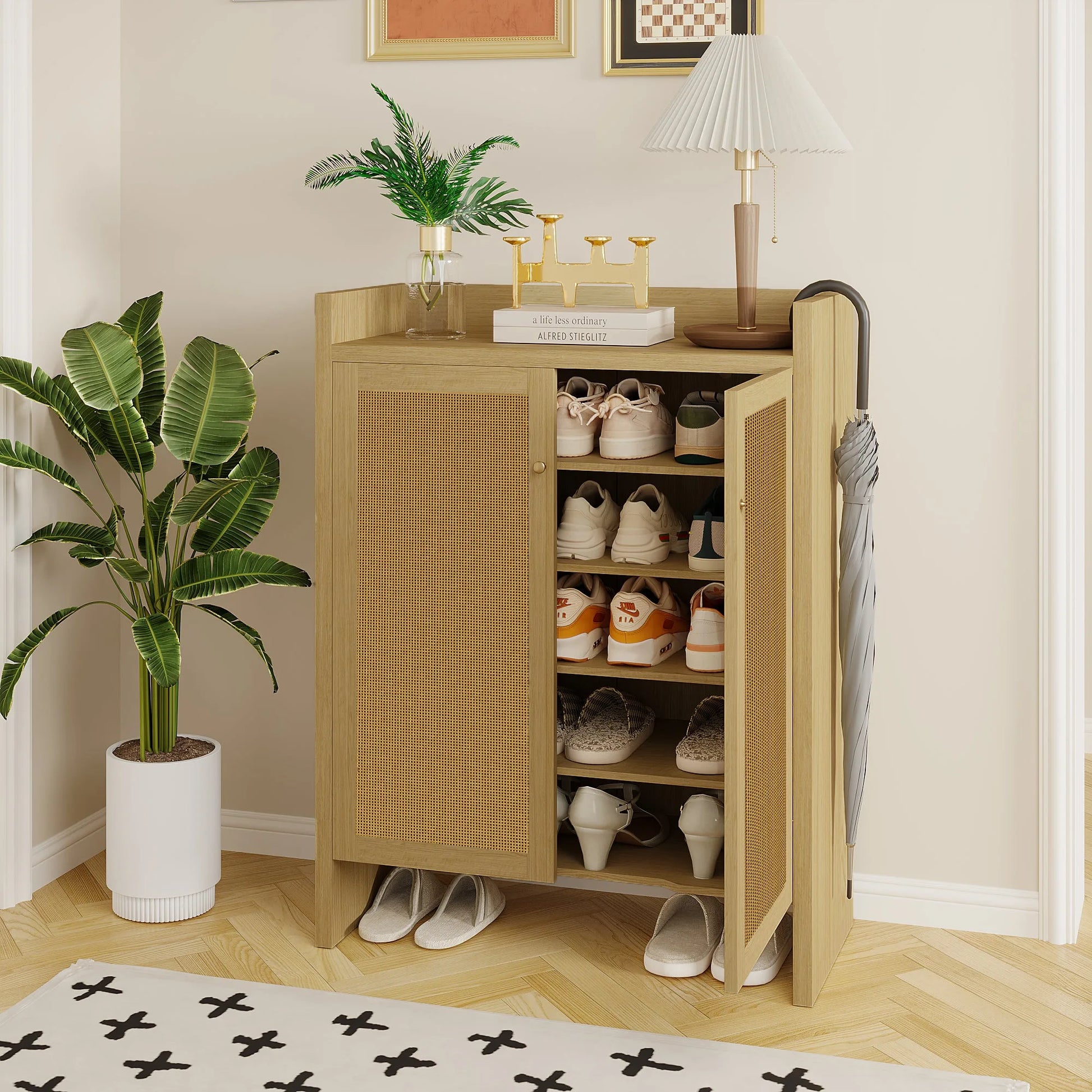 42.5' Tall Rattan Shoe Cabinet with Doors, 6-Tier Shoe Storage Cabinet with Adjustable Shelves, Wooden Freestanding Shoe Organizer Shoe Cabinet for Entryway, Hallway, Living Room (Natural) detail view 6