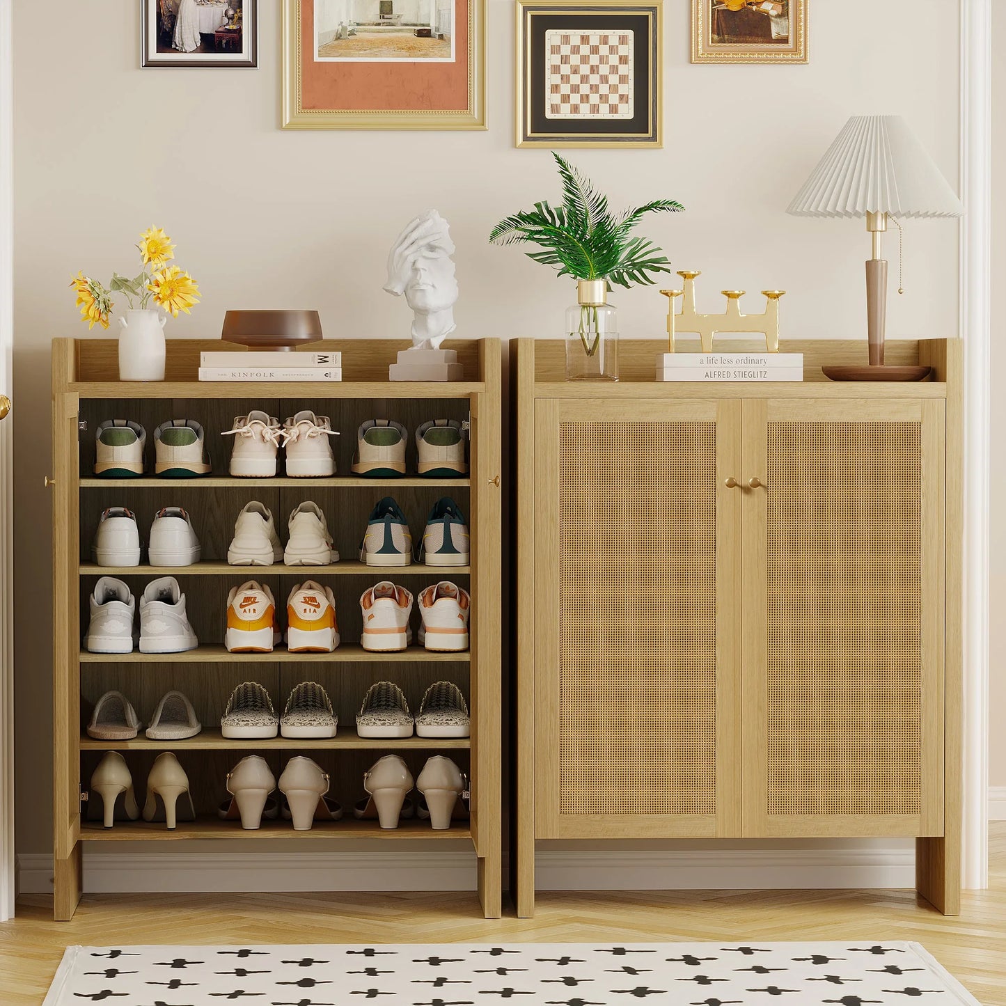 42.5' Tall Rattan Shoe Cabinet with Doors, 6-Tier Shoe Storage Cabinet with Adjustable Shelves, Wooden Freestanding Shoe Organizer Shoe Cabinet for Entryway, Hallway, Living Room (Natural) detail view 7