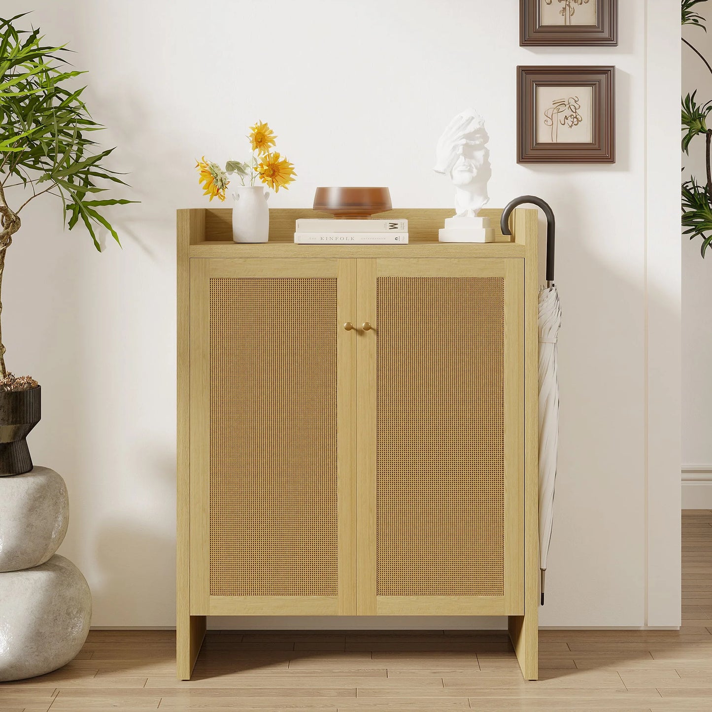42.5' Tall Rattan Shoe Cabinet with Doors, 6-Tier Shoe Storage Cabinet with Adjustable Shelves, Wooden Freestanding Shoe Organizer Shoe Cabinet for Entryway, Hallway, Living Room (Natural) detail view 8