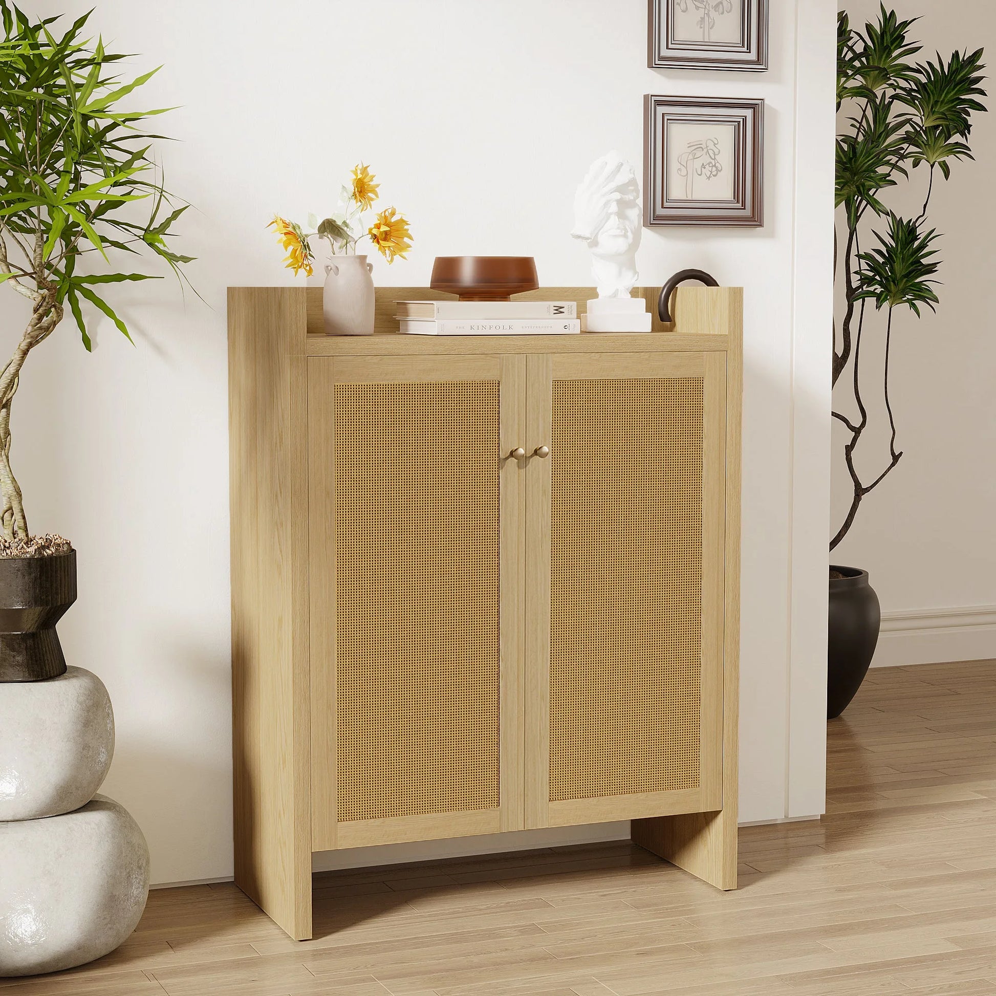 42.5' Tall Rattan Shoe Cabinet with Doors, 6-Tier Shoe Storage Cabinet with Adjustable Shelves, Wooden Freestanding Shoe Organizer Shoe Cabinet for Entryway, Hallway, Living Room (Natural) detail view 9