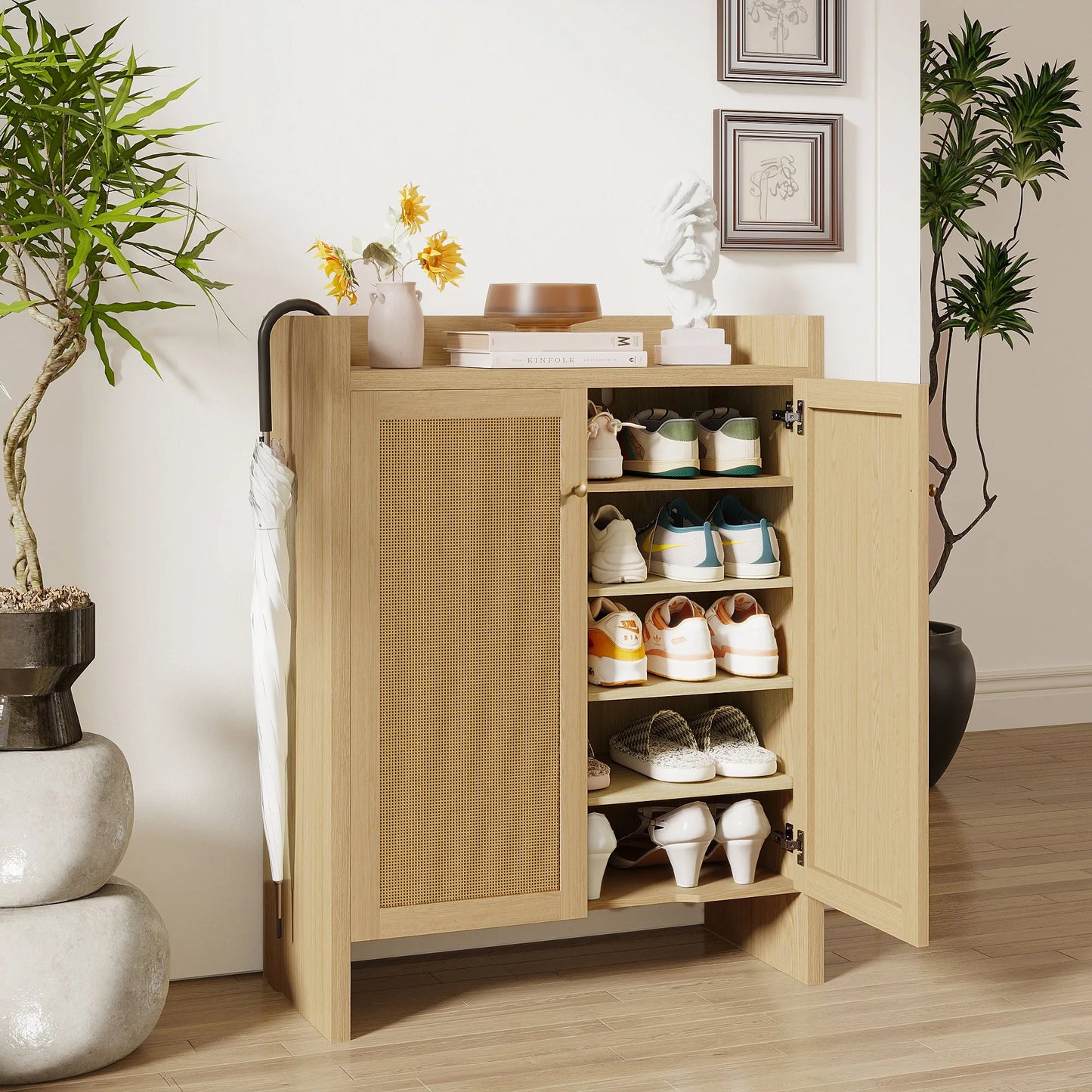 42.5' Tall Rattan Shoe Cabinet with Doors, 6-Tier Shoe Storage Cabinet with Adjustable Shelves, Wooden Freestanding Shoe Organizer Shoe Cabinet for Entryway, Hallway, Living Room (Natural) detail view 10