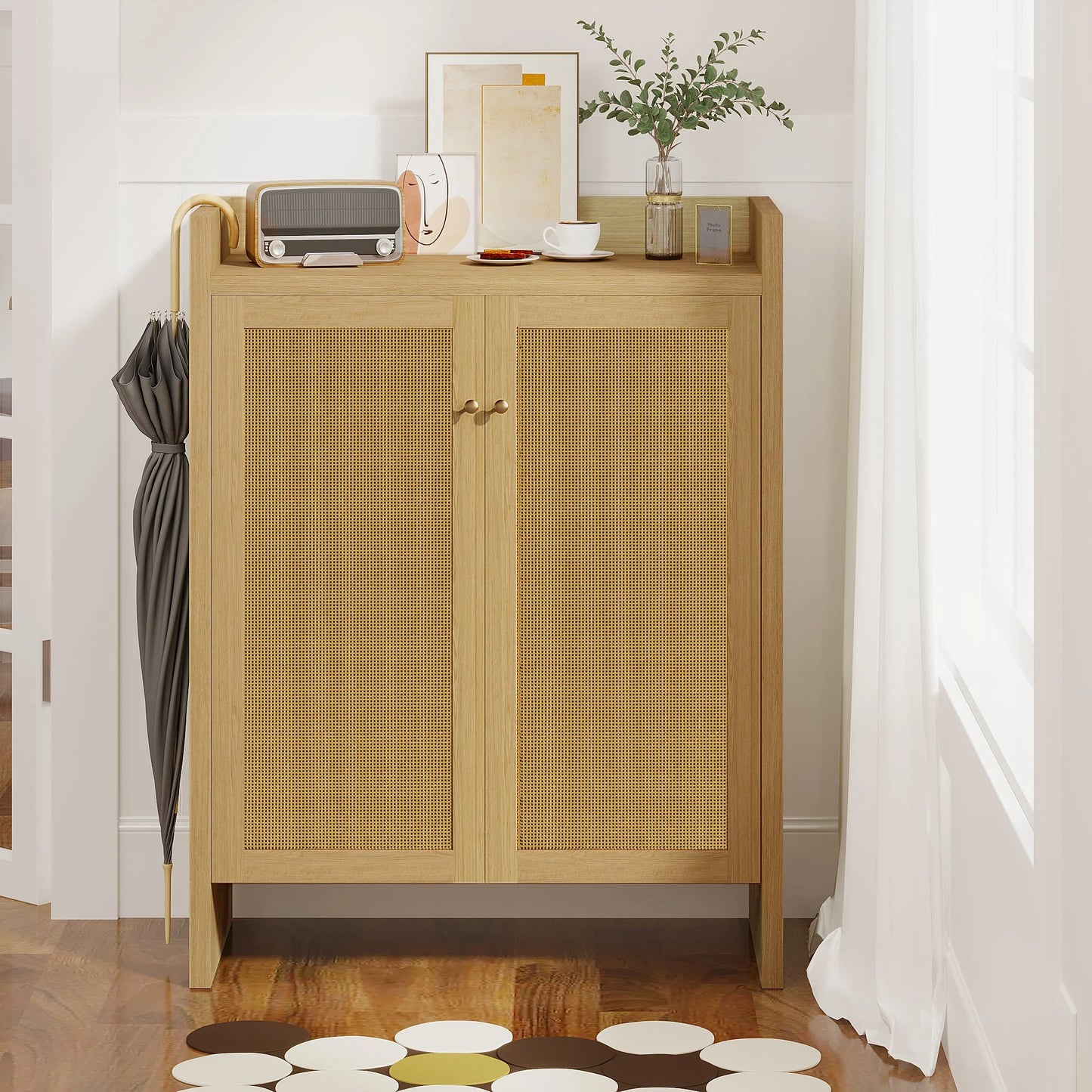42.5' Tall Rattan Shoe Cabinet with Doors, 6-Tier Shoe Storage Cabinet with Adjustable Shelves, Wooden Freestanding Shoe Organizer Shoe Cabinet for Entryway, Hallway, Living Room (Natural) detail view 11