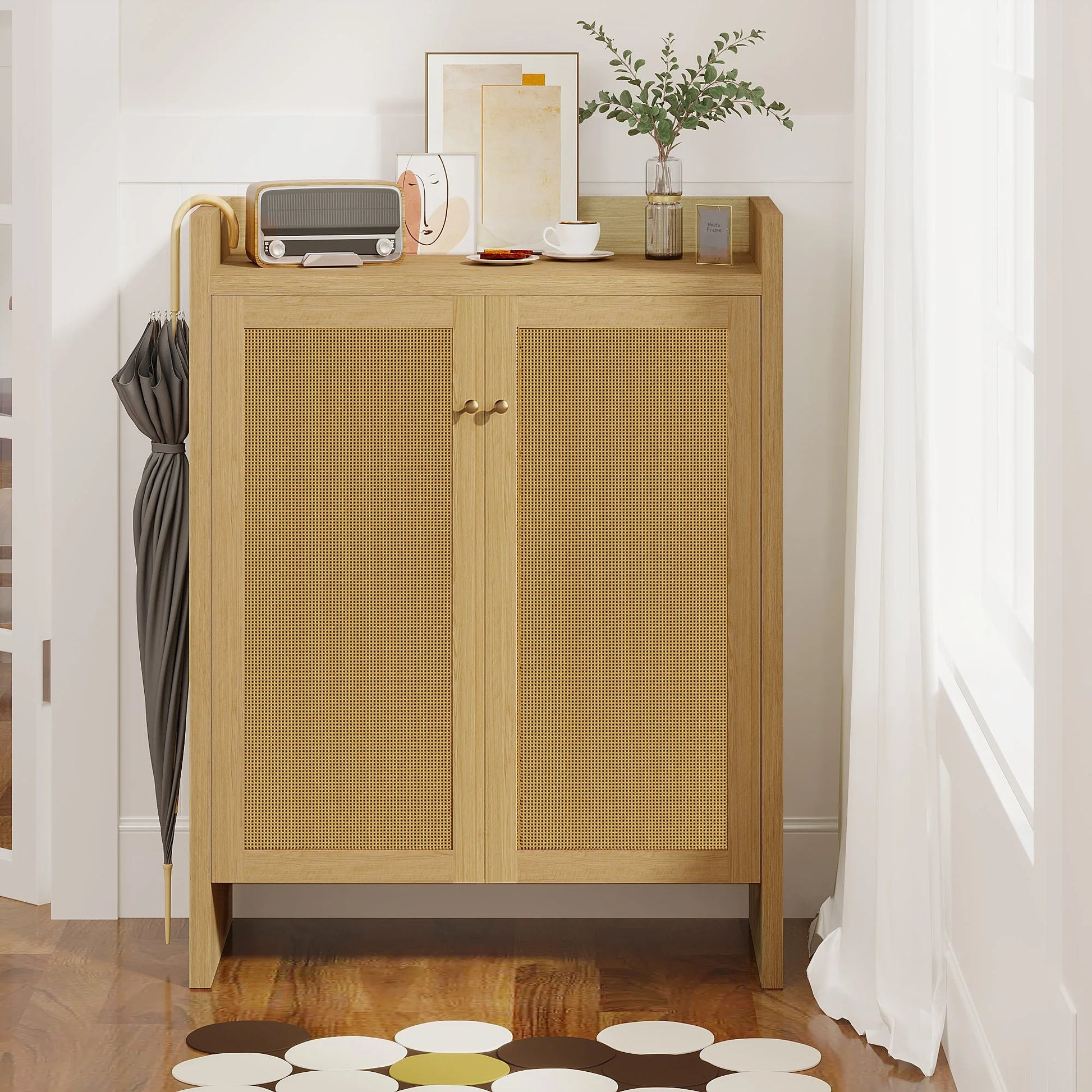 42.5' Tall Rattan Shoe Cabinet with Doors, 6-Tier Shoe Storage Cabinet with Adjustable Shelves, Wooden Freestanding Shoe Organizer Shoe Cabinet for Entryway, Hallway, Living Room (Natural) detail view 11