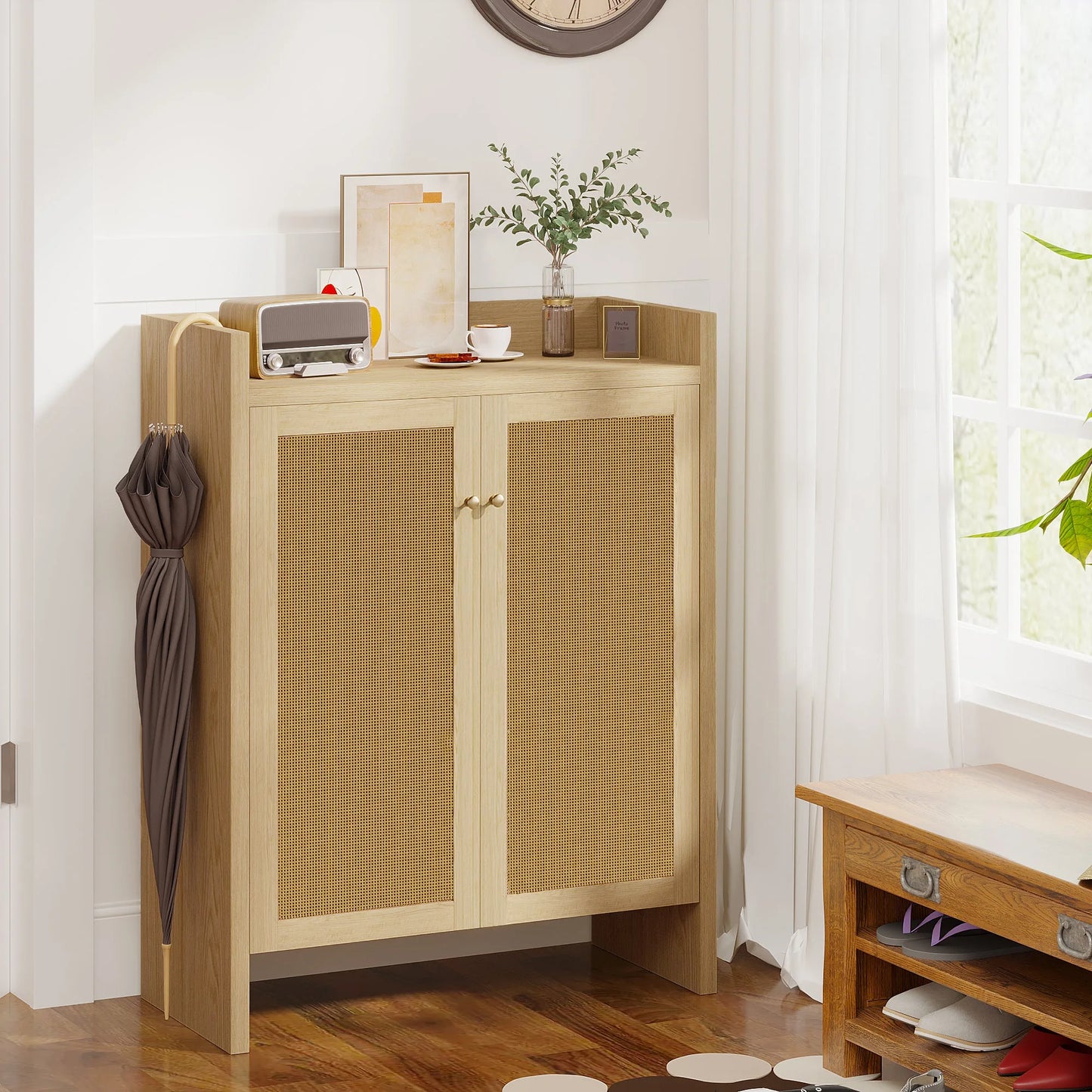 42.5' Tall Rattan Shoe Cabinet with Doors, 6-Tier Shoe Storage Cabinet with Adjustable Shelves, Wooden Freestanding Shoe Organizer Shoe Cabinet for Entryway, Hallway, Living Room (Natural) detail view 12
