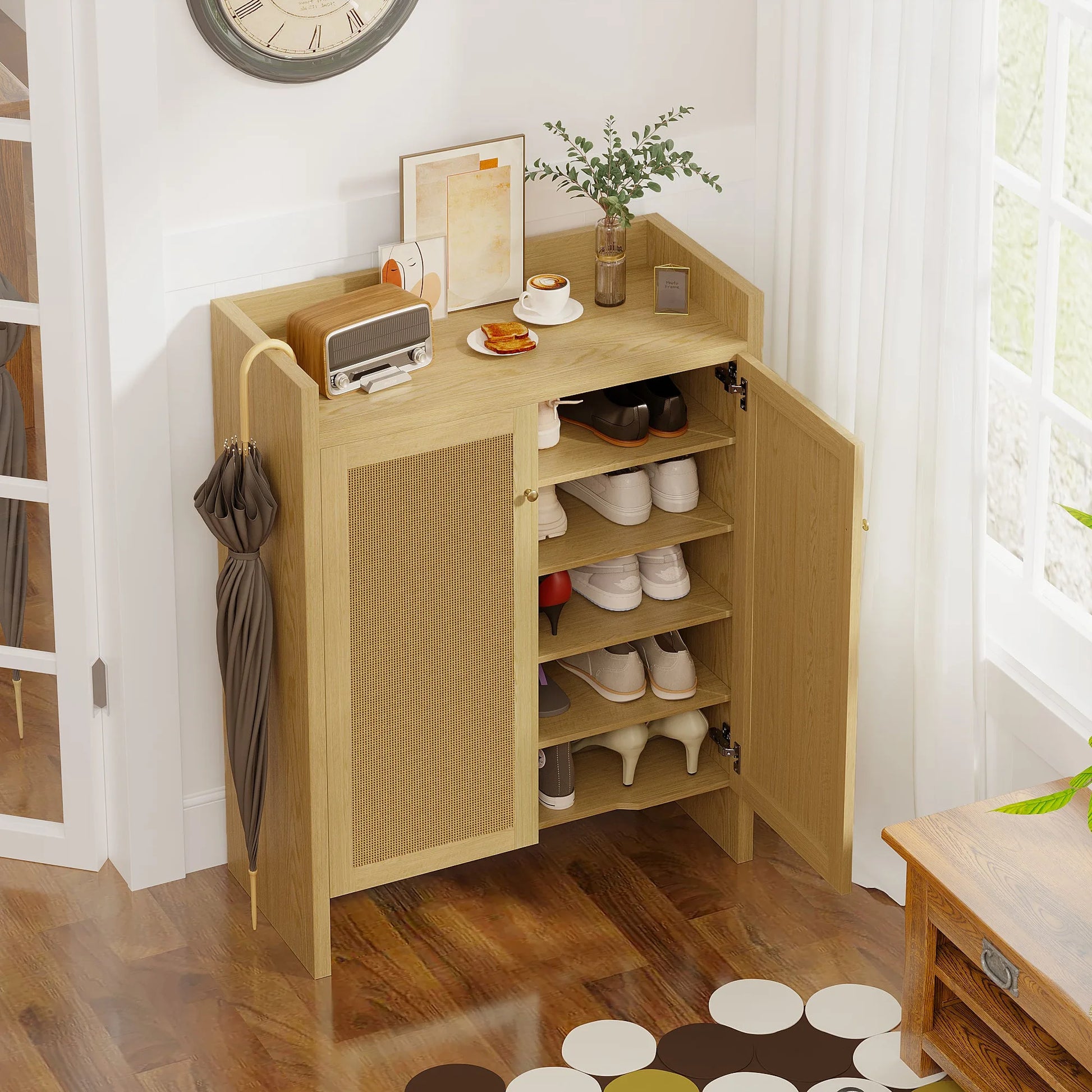 42.5' Tall Rattan Shoe Cabinet with Doors, 6-Tier Shoe Storage Cabinet with Adjustable Shelves, Wooden Freestanding Shoe Organizer Shoe Cabinet for Entryway, Hallway, Living Room (Natural) detail view 13