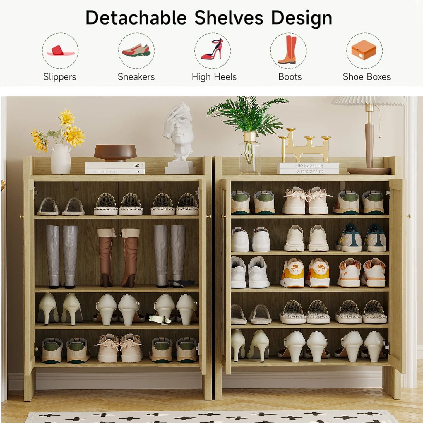 42.5' Tall Rattan Shoe Cabinet with Doors, 6-Tier Shoe Storage Cabinet with Adjustable Shelves, Wooden Freestanding Shoe Organizer Shoe Cabinet for Entryway, Hallway, Living Room (Natural) detail view 14