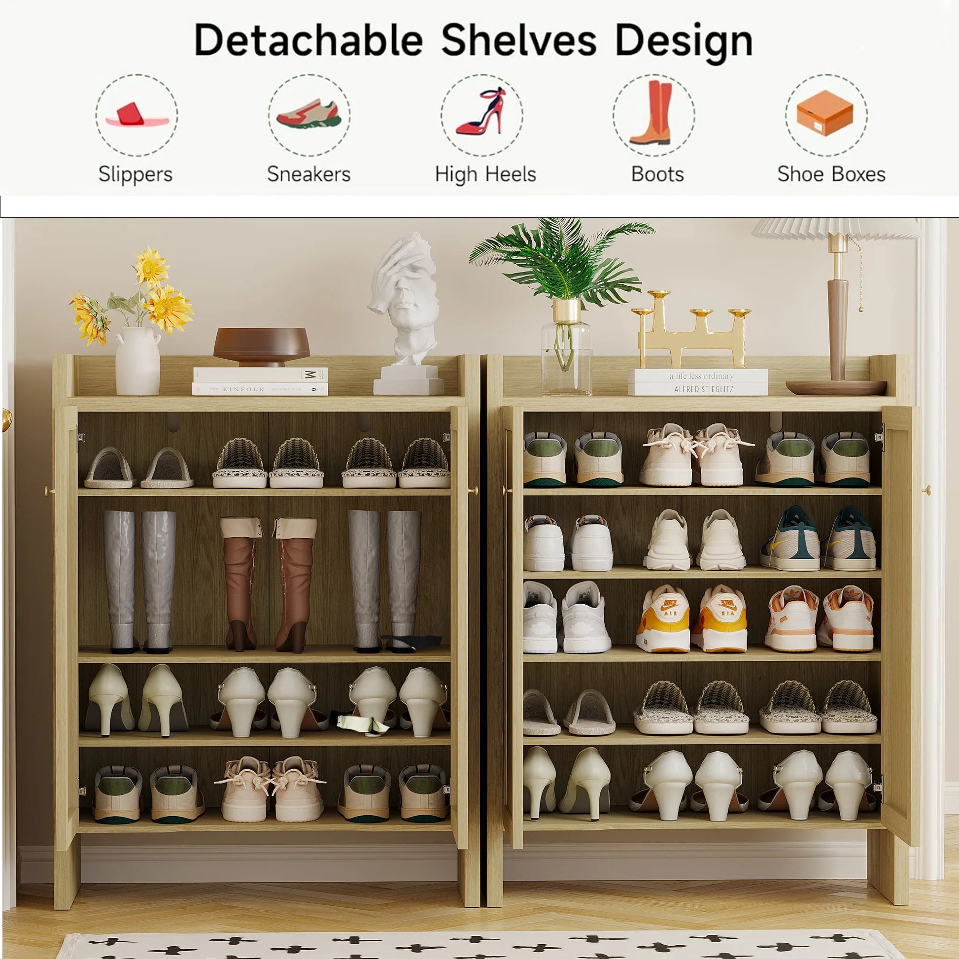 42.5' Tall Rattan Shoe Cabinet with Doors, 6-Tier Shoe Storage Cabinet with Adjustable Shelves, Wooden Freestanding Shoe Organizer Shoe Cabinet for Entryway, Hallway, Living Room (Natural) detail view 14