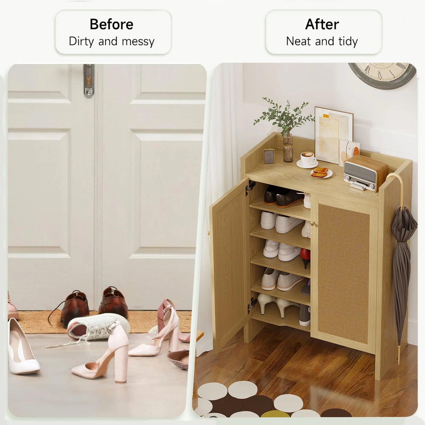 42.5' Tall Rattan Shoe Cabinet with Doors, 6-Tier Shoe Storage Cabinet with Adjustable Shelves, Wooden Freestanding Shoe Organizer Shoe Cabinet for Entryway, Hallway, Living Room (Natural) detail view 15