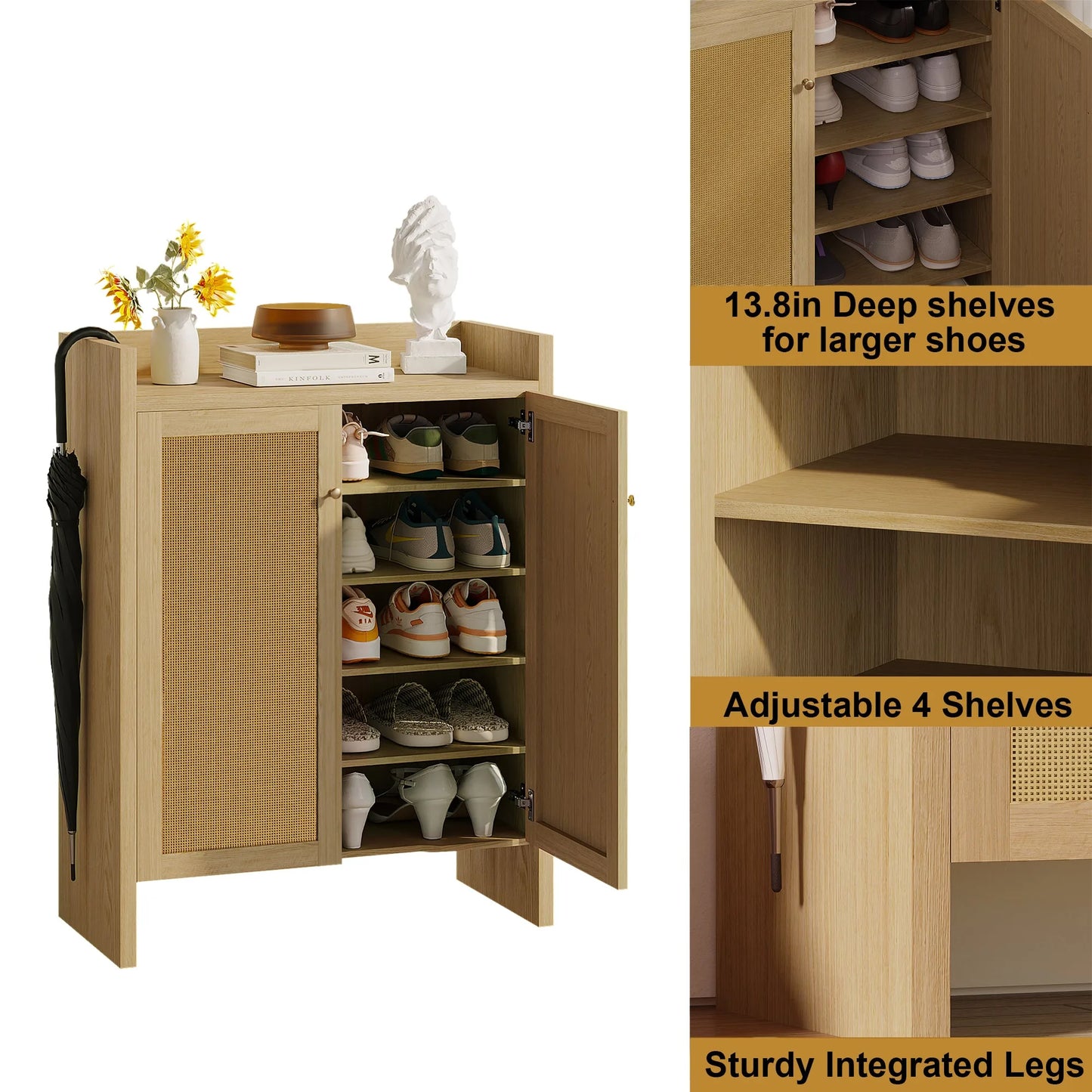 42.5' Tall Rattan Shoe Cabinet with Doors, 6-Tier Shoe Storage Cabinet with Adjustable Shelves, Wooden Freestanding Shoe Organizer Shoe Cabinet for Entryway, Hallway, Living Room (Natural) detail view 16