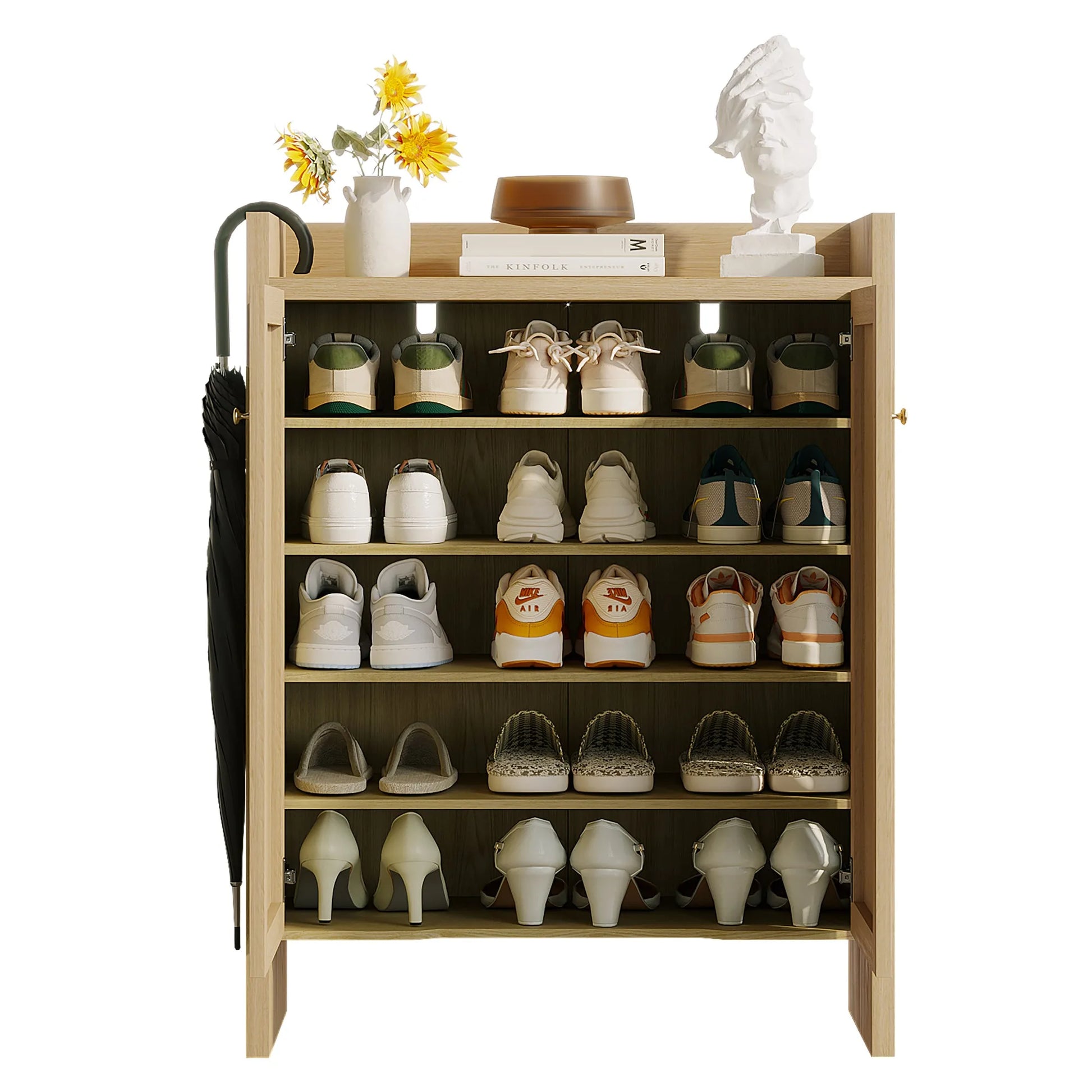 42.5' Tall Rattan Shoe Cabinet with Doors, 6-Tier Shoe Storage Cabinet with Adjustable Shelves, Wooden Freestanding Shoe Organizer Shoe Cabinet for Entryway, Hallway, Living Room (Natural) detail view 19