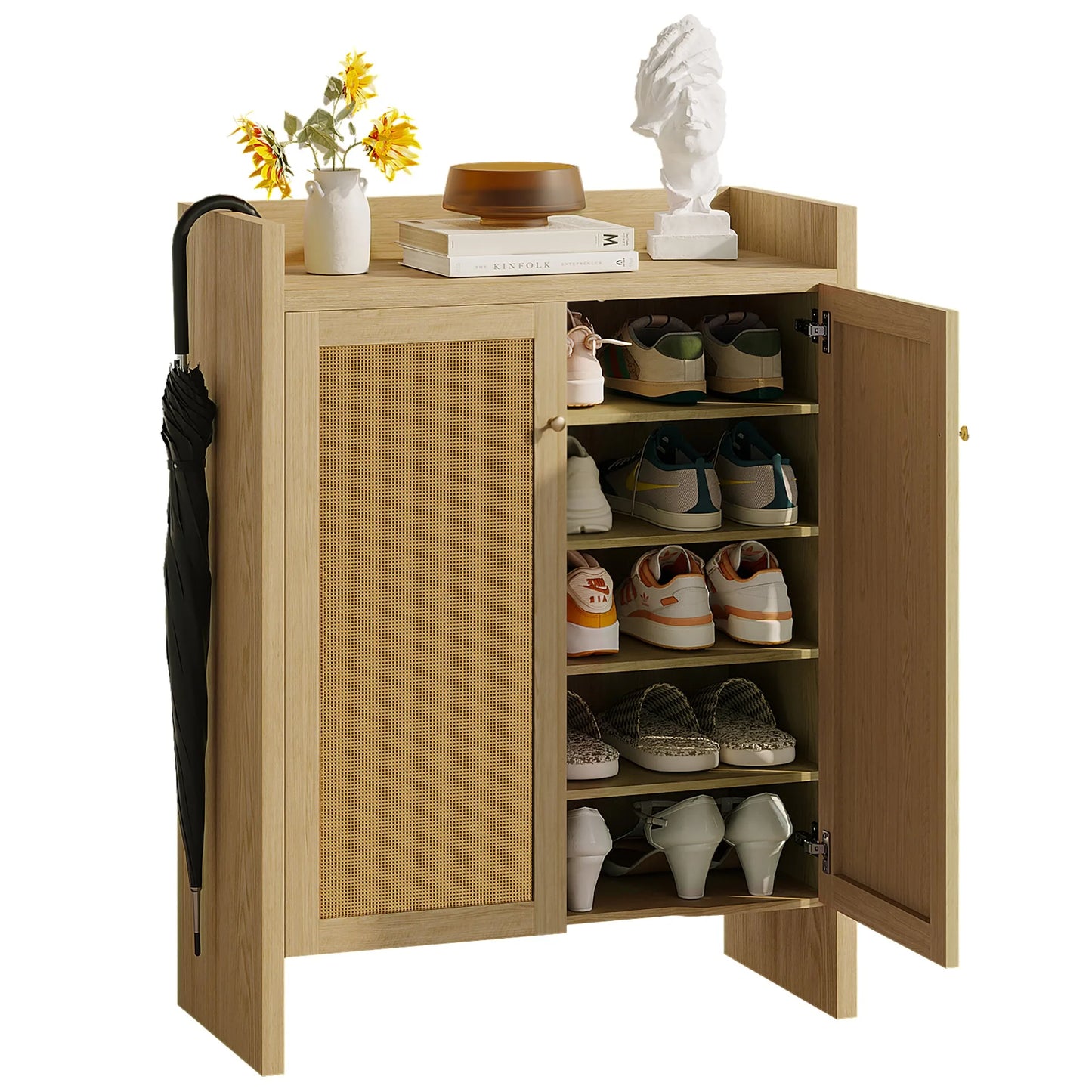 42.5' Tall Rattan Shoe Cabinet with Doors, 6-Tier Shoe Storage Cabinet with Adjustable Shelves, Wooden Freestanding Shoe Organizer Shoe Cabinet for Entryway, Hallway, Living Room (Natural) detail view 20