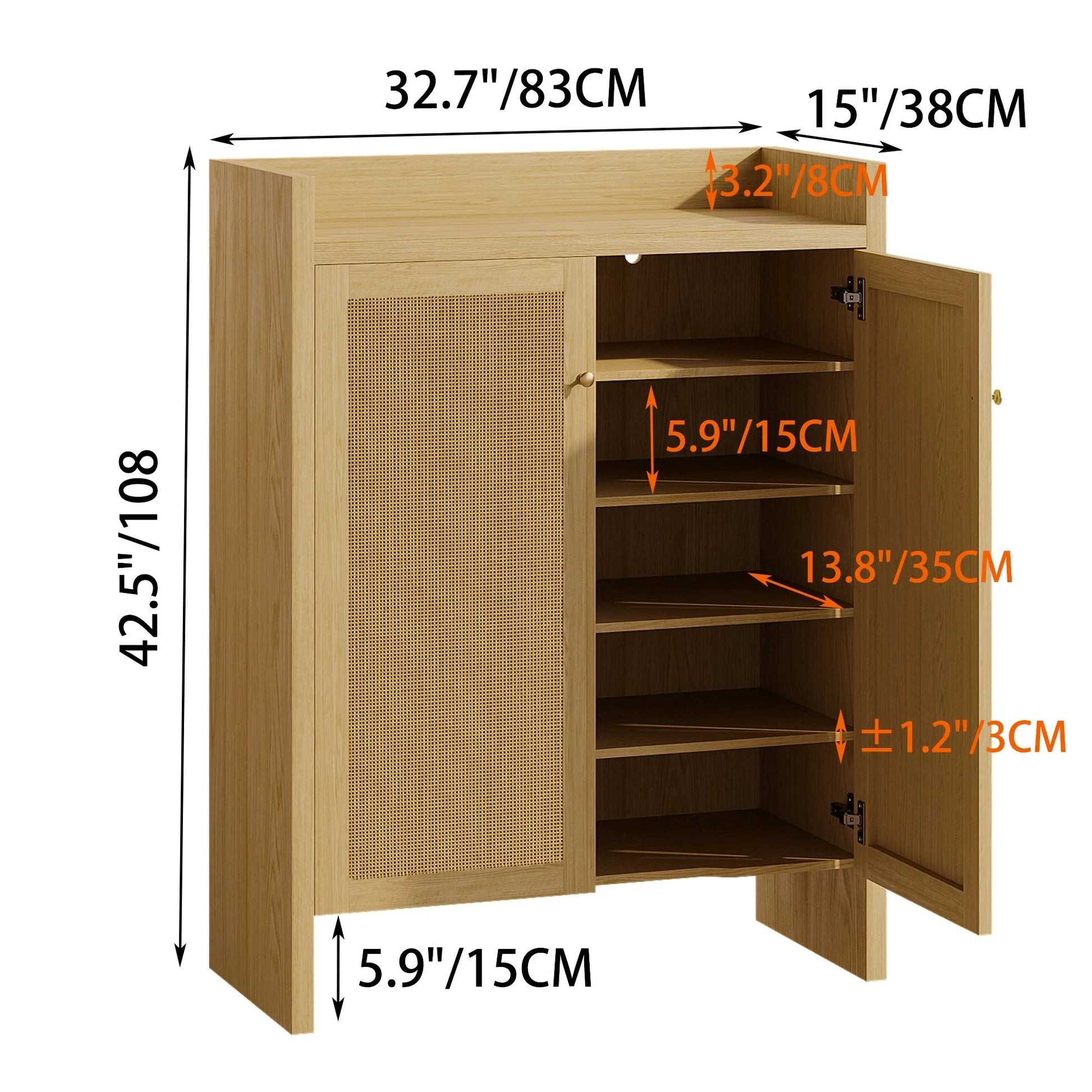 42.5' Tall Rattan Shoe Cabinet with Doors, 6-Tier Shoe Storage Cabinet with Adjustable Shelves, Wooden Freestanding Shoe Organizer Shoe Cabinet for Entryway, Hallway, Living Room (Natural) detail view 25