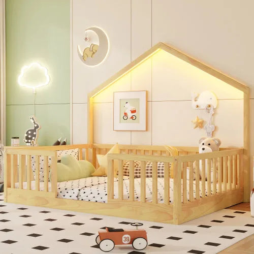 Full Floor Bed with High Rails, Wooden Montessori Bed with Light for Kids, Boys and Girls, Natural lifestyle view